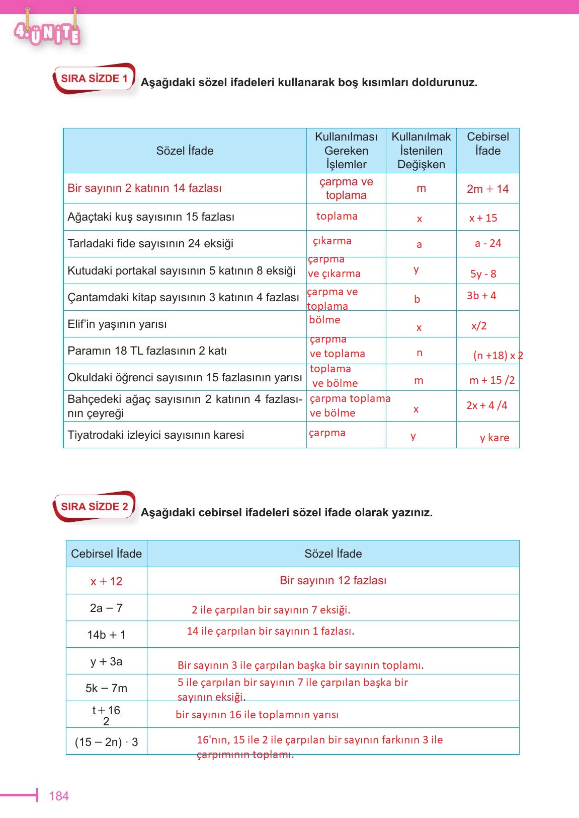6. Sınıf Meb Yayınları Matematik Ders Kitabı Sayfa 184 Cevapları