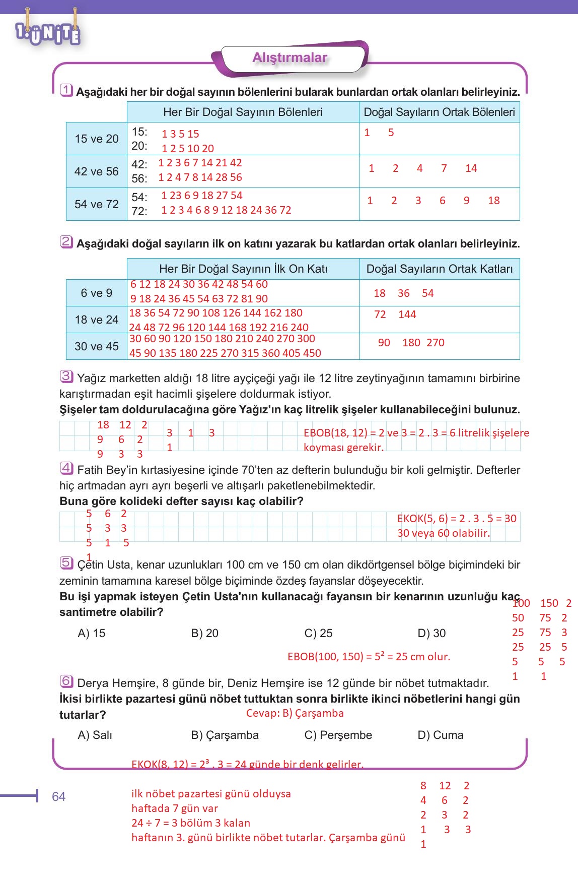 6. Sınıf Meb Yayınları Matematik Ders Kitabı Sayfa 64 Cevapları