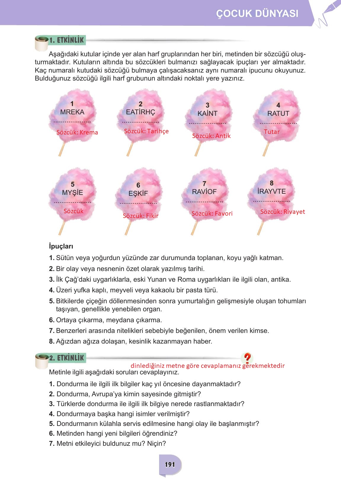 6. Sınıf Meb Yayınları Türkçe Ders Kitabı Sayfa 191 Cevapları