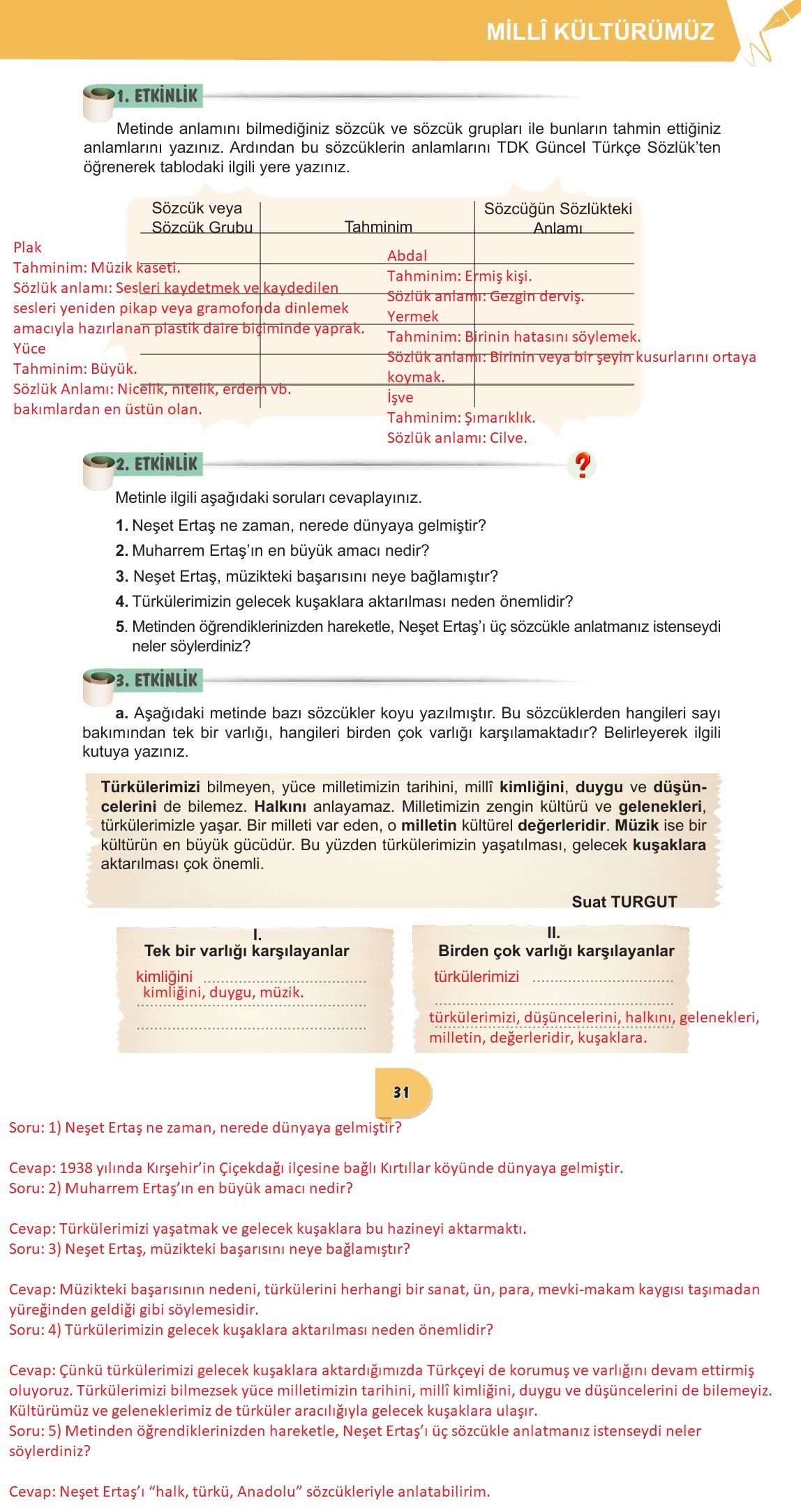 6. Sınıf Meb Yayınları Türkçe Ders Kitabı Sayfa 31 Cevapları