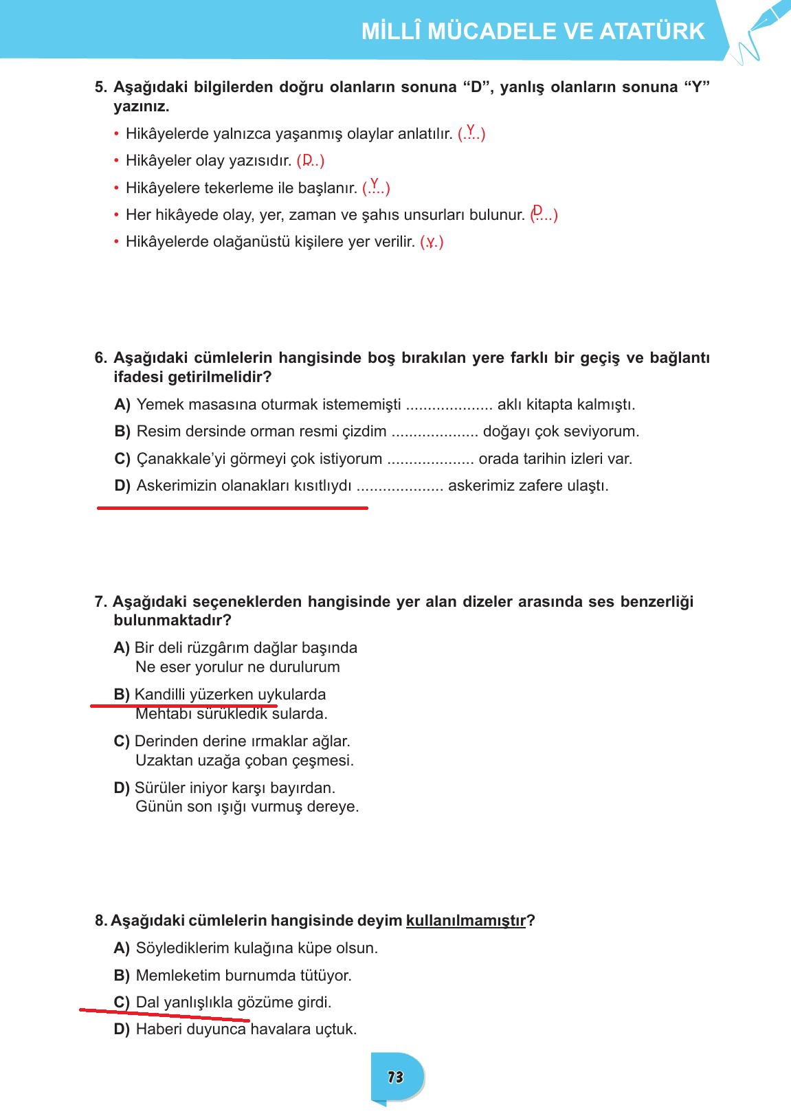 6. Sınıf Meb Yayınları Türkçe Ders Kitabı Sayfa 73 Cevapları