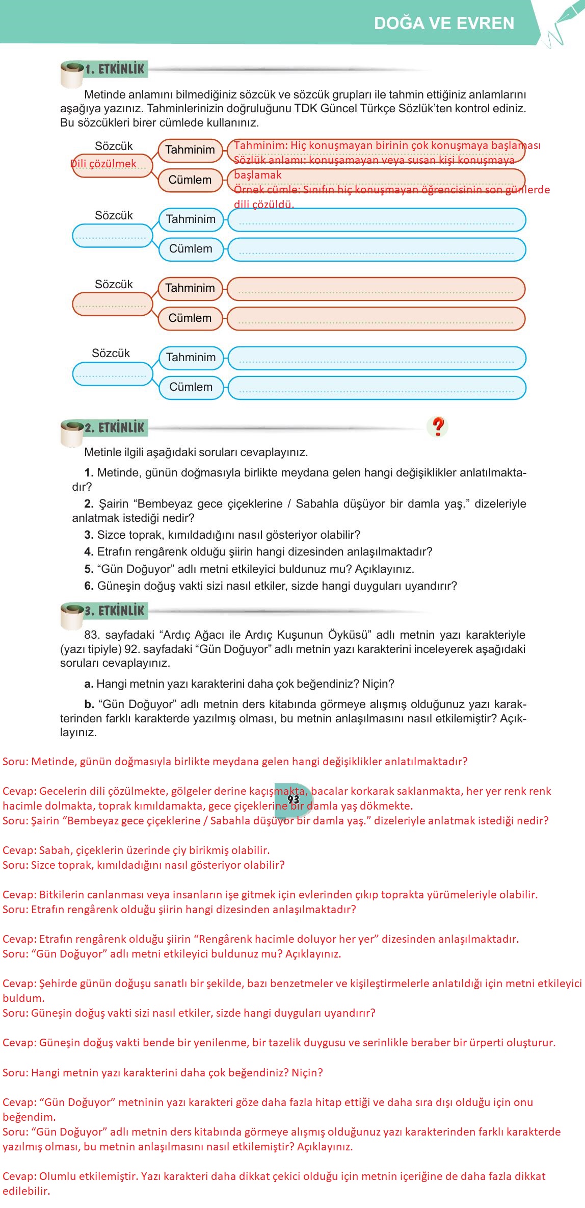 6. Sınıf Meb Yayınları Türkçe Ders Kitabı Sayfa 93 Cevapları
