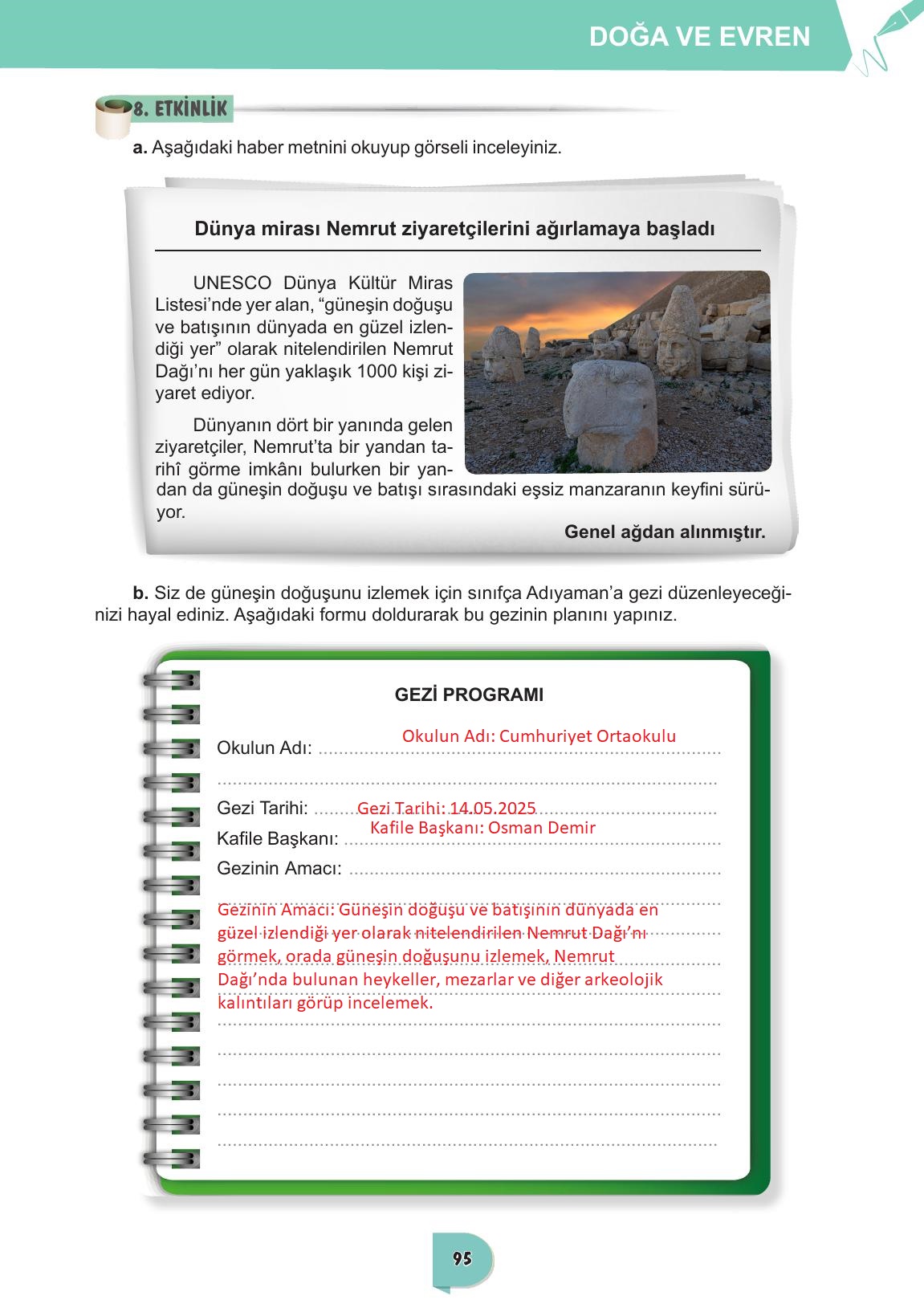 6. Sınıf Meb Yayınları Türkçe Ders Kitabı Sayfa 95 Cevapları