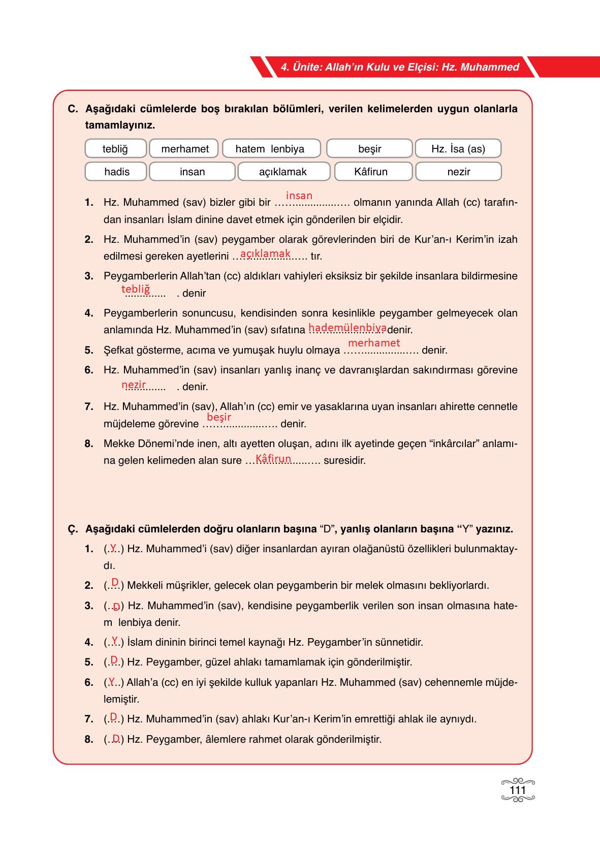 7. Sınıf Erkad Yayıncılık Din Kültürü Ve Ahlak Bilgisi Ders Kitabı Sayfa 111 Cevapları