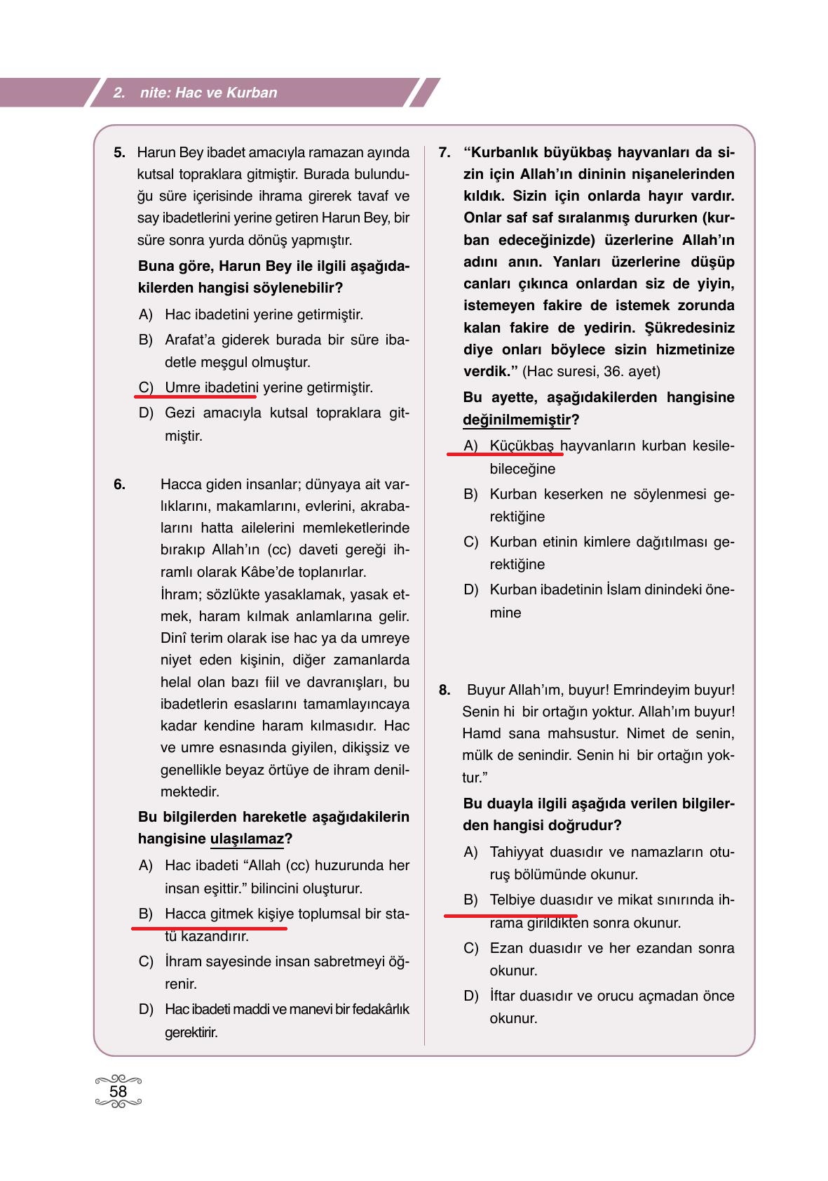 7. Sınıf Erkad Yayıncılık Din Kültürü Ve Ahlak Bilgisi Ders Kitabı Sayfa 58 Cevapları
