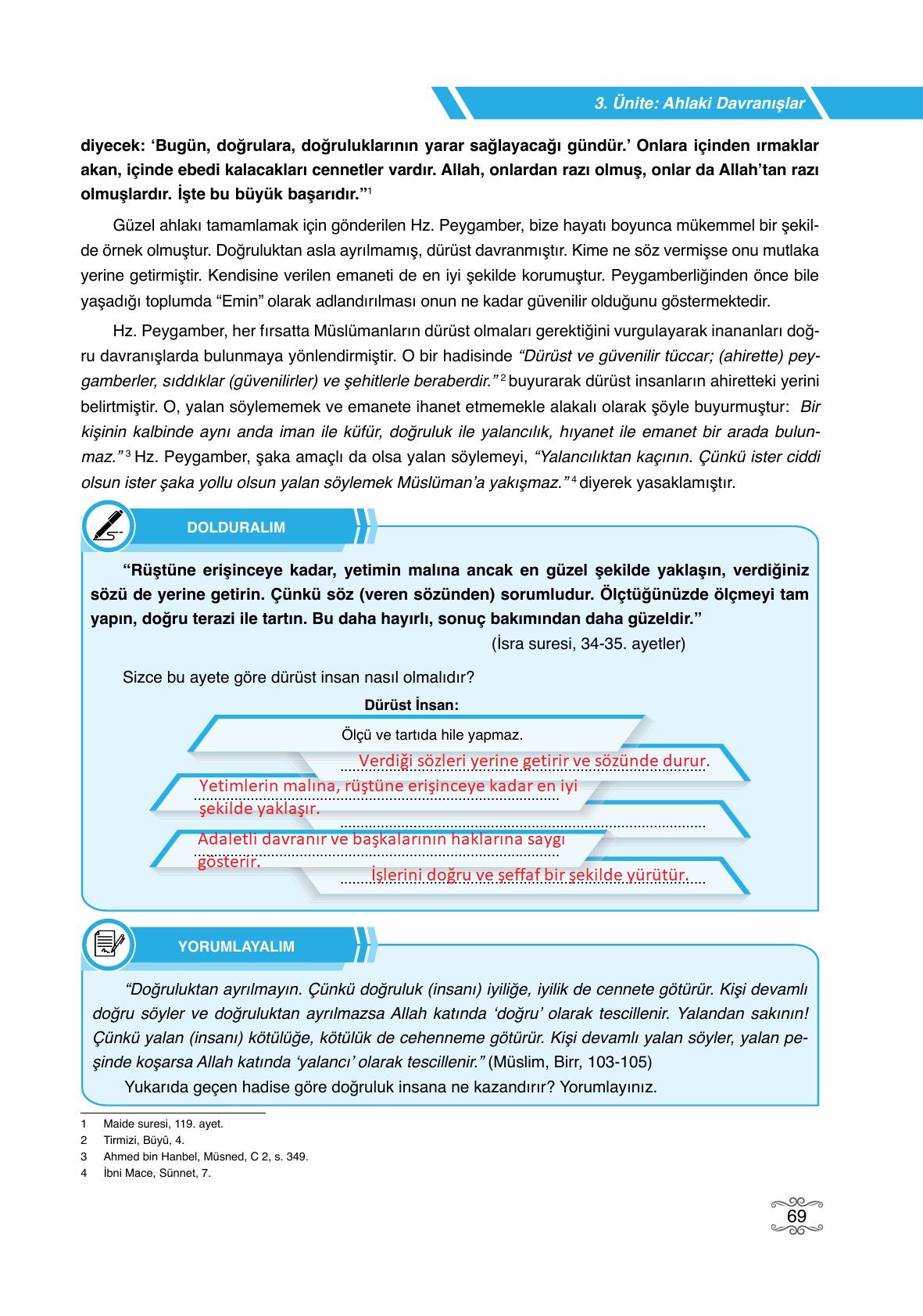 7. Sınıf Erkad Yayıncılık Din Kültürü Ve Ahlak Bilgisi Ders Kitabı Sayfa 69 Cevapları