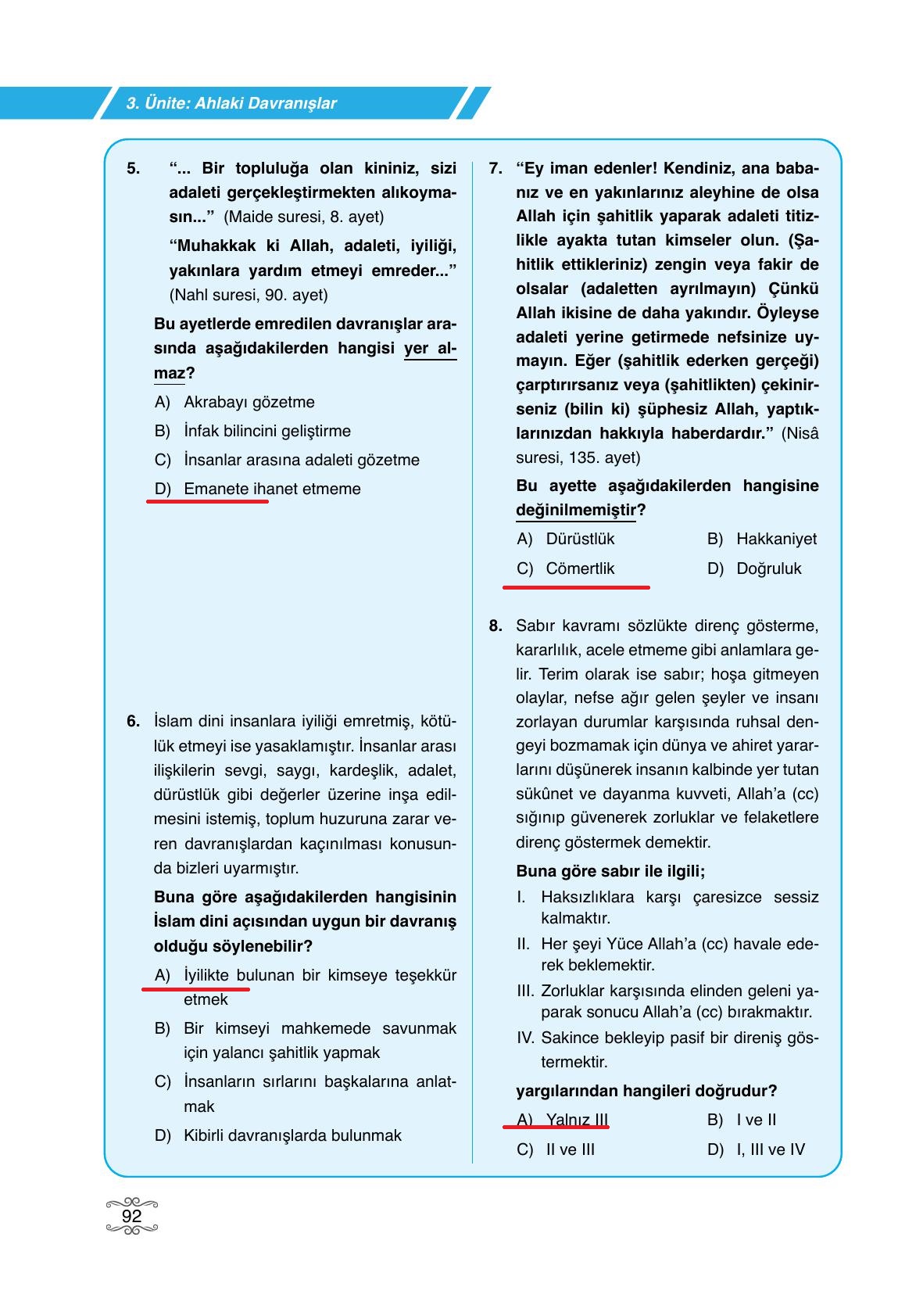 7. Sınıf Erkad Yayıncılık Din Kültürü Ve Ahlak Bilgisi Ders Kitabı Sayfa 92 Cevapları