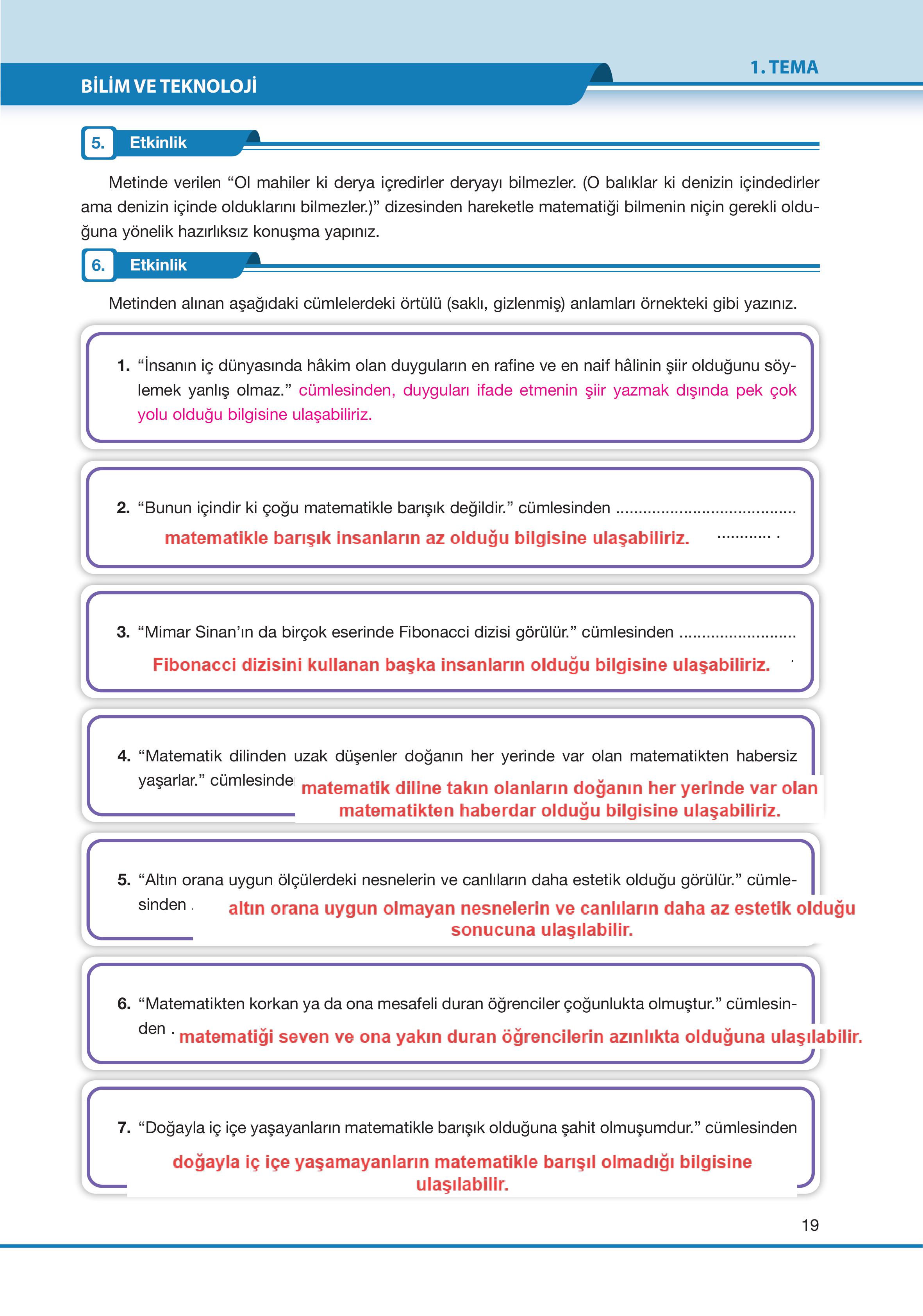 7. Sınıf Özgün Yayıncılık Türkçe Ders Kitabı Sayfa 19 Cevapları