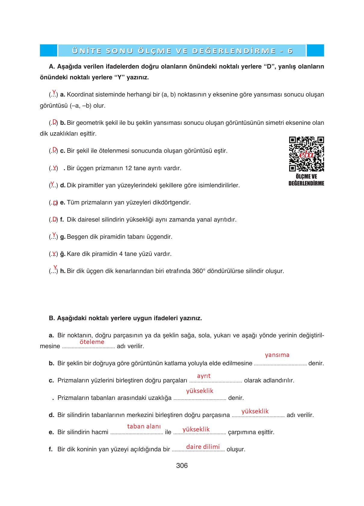 8. Sınıf Ada Yayıncılık Matematik Ders Kitabı Sayfa 306 Cevapları