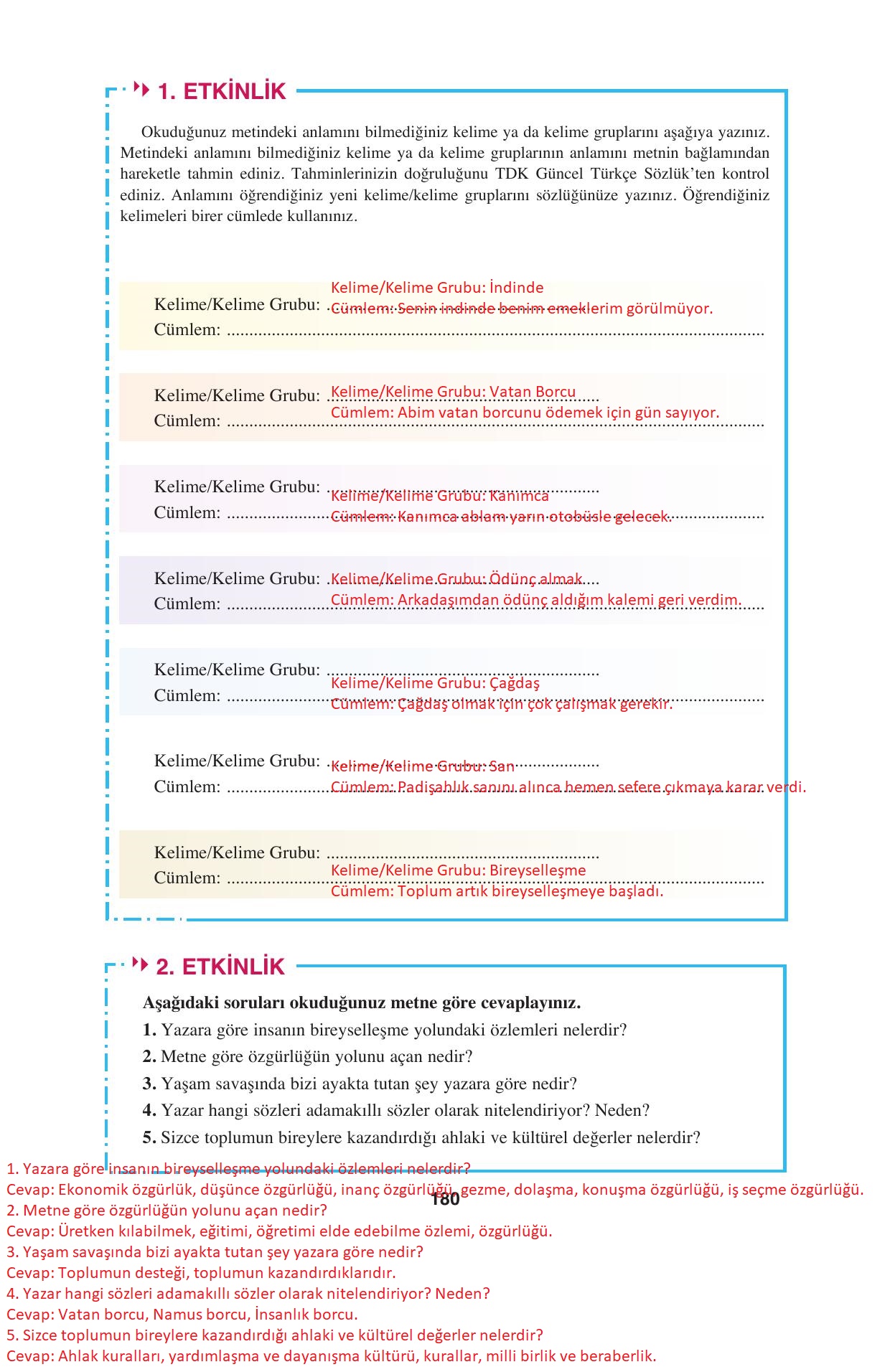 8. Sınıf Hecce Yayıncılık Türkçe Ders Kitabı Sayfa 180 Cevapları