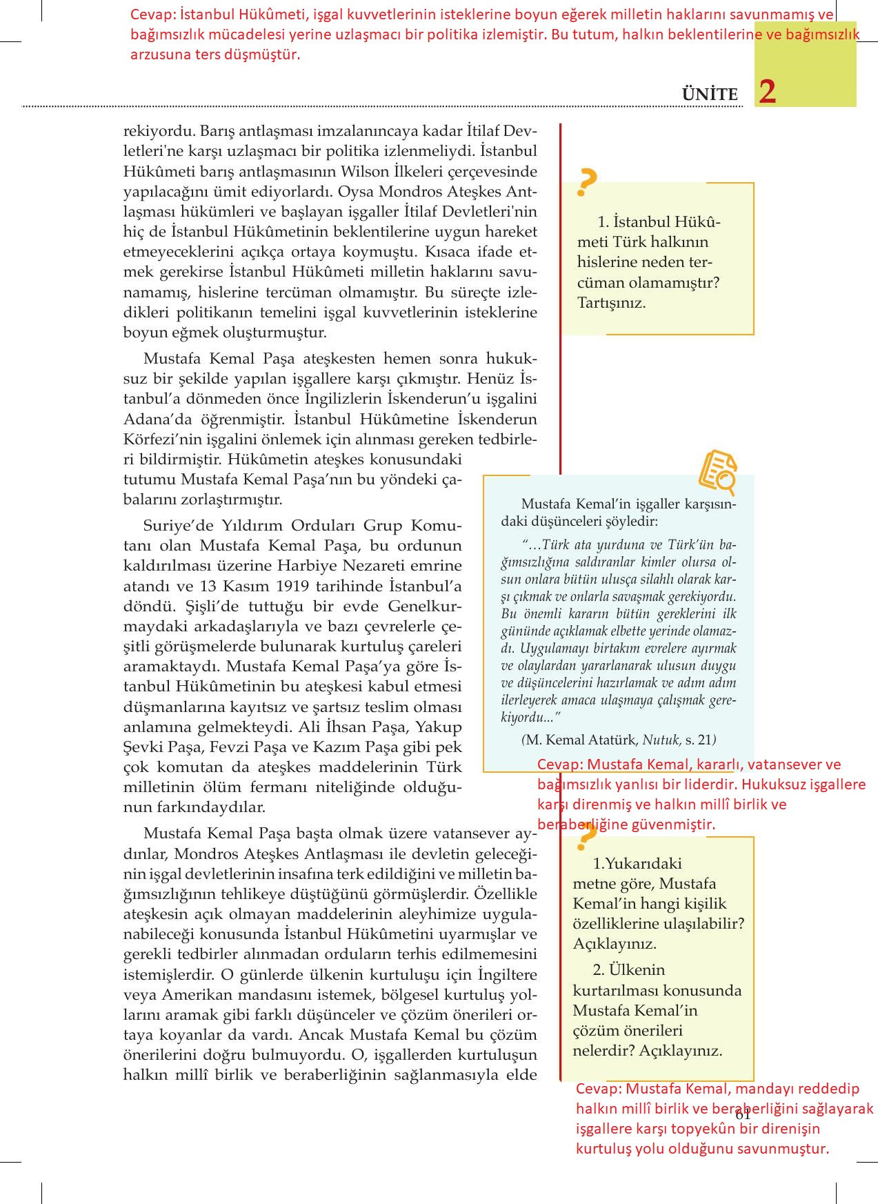 8. Sınıf Meb Yayınları İnkılap Tarihi Ve Atatürkçülük Ders Kitabı Sayfa 61 Cevapları