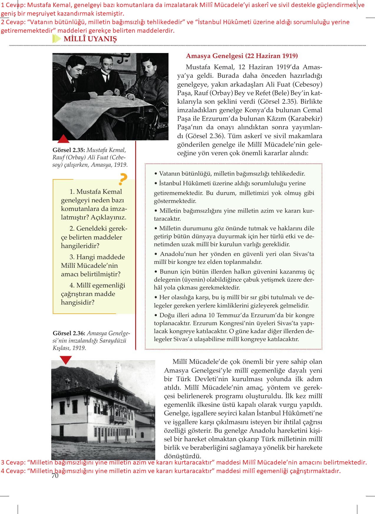 8. Sınıf Meb Yayınları İnkılap Tarihi Ve Atatürkçülük Ders Kitabı Sayfa 70 Cevapları