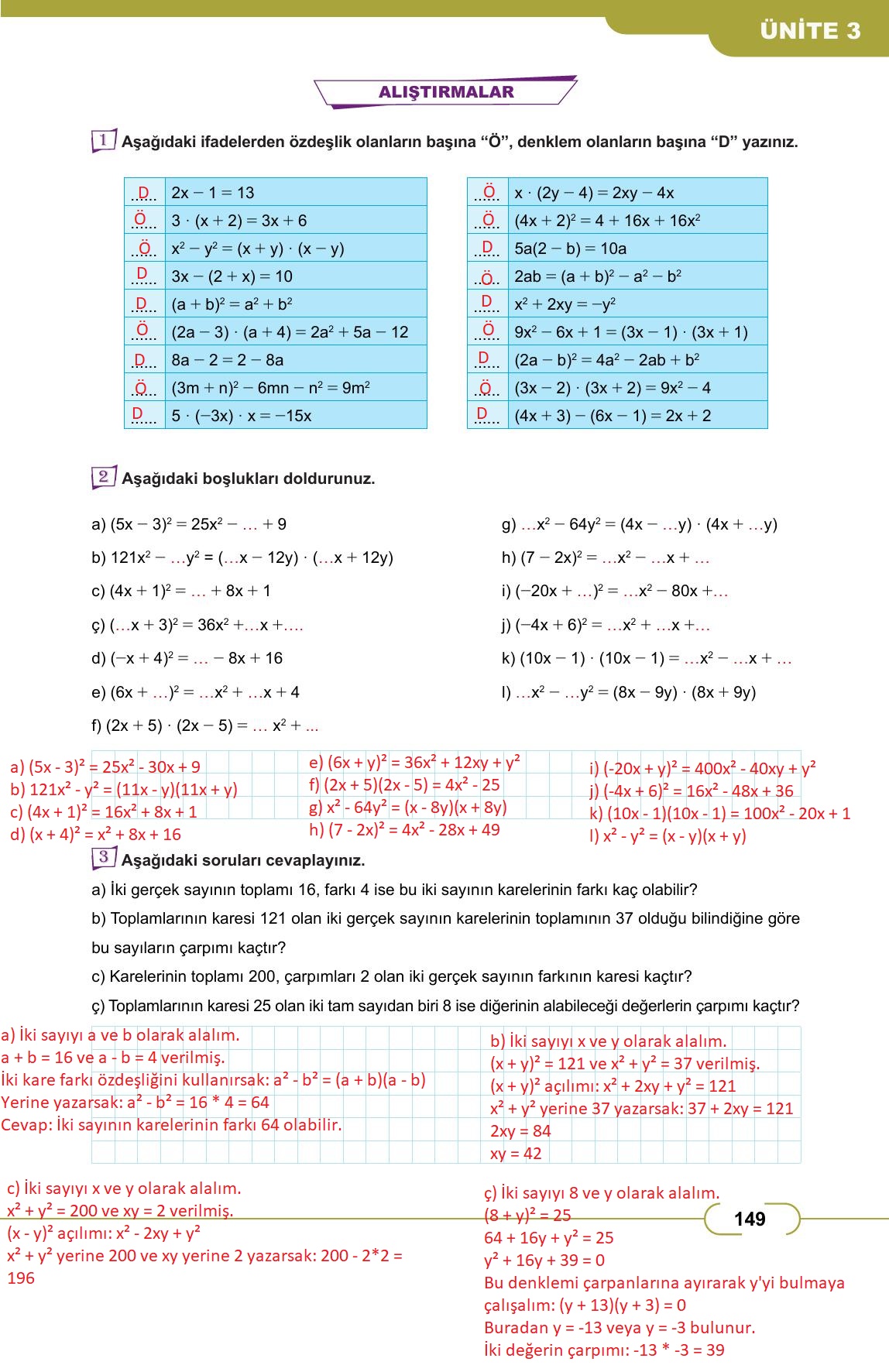 8. Sınıf Meb Yayınları Matematik Ders Kitabı Sayfa 149 Cevapları