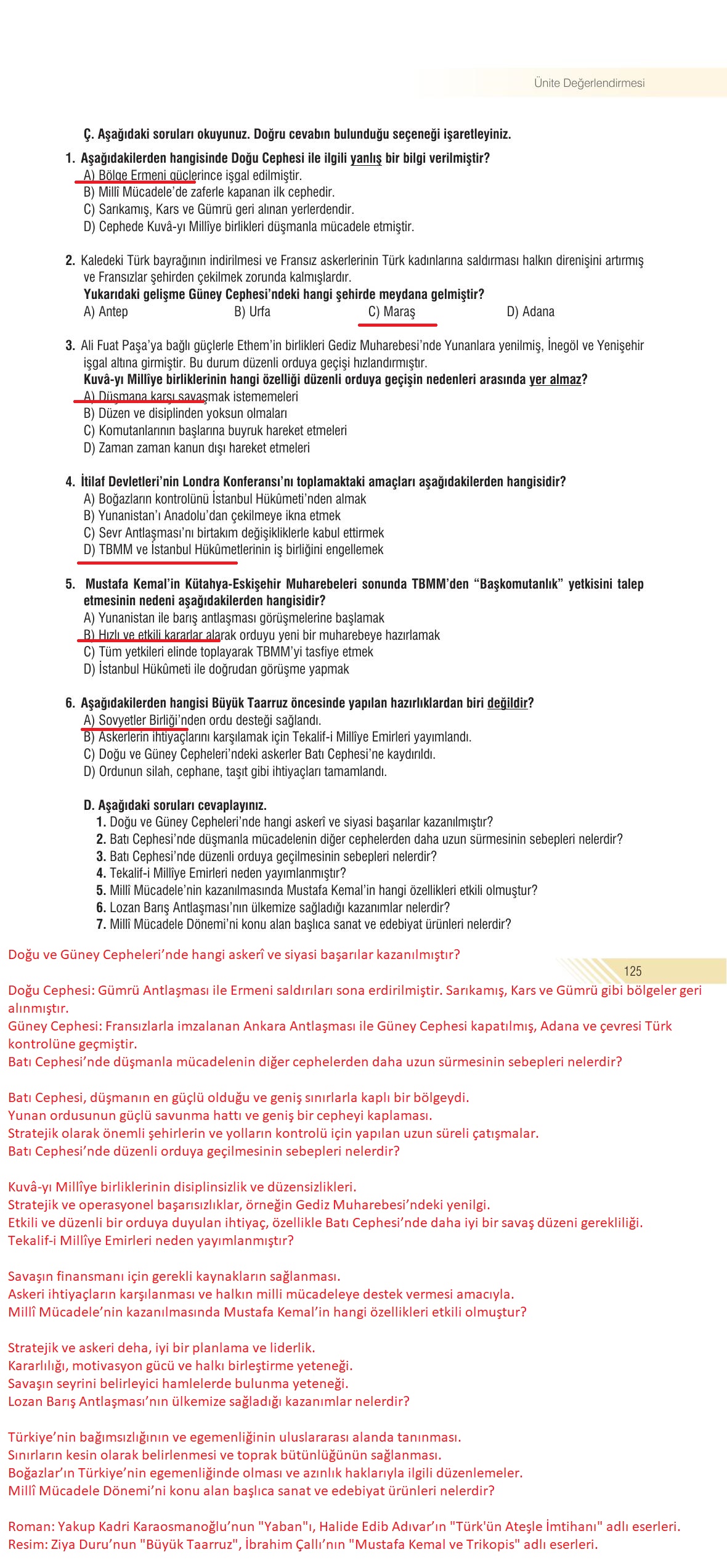 8. Sınıf Semih Ofset Sek Yayınları İnkılap Tarihi Ve Atatürkçülük Ders Kitabı Sayfa 125 Cevapları