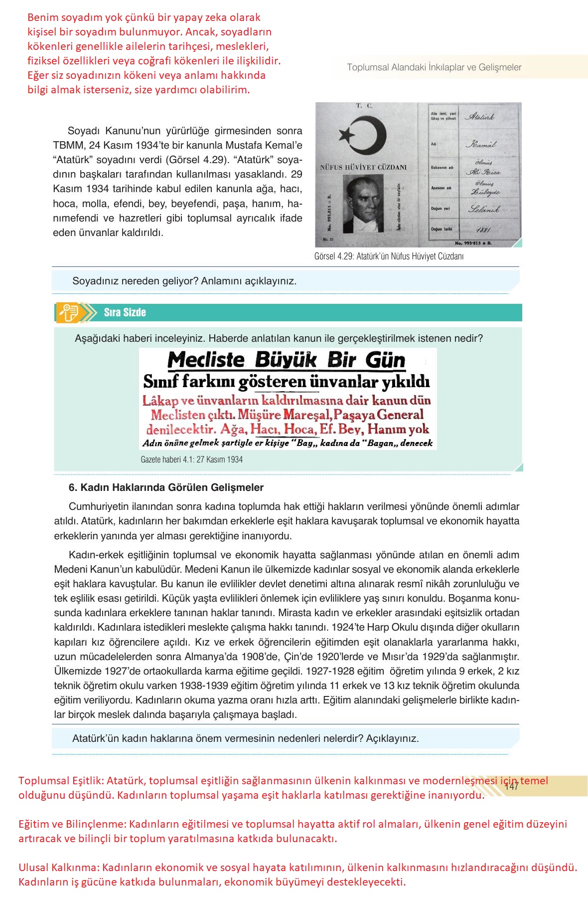 8. Sınıf Semih Ofset Sek Yayınları İnkılap Tarihi Ve Atatürkçülük Ders Kitabı Sayfa 147 Cevapları