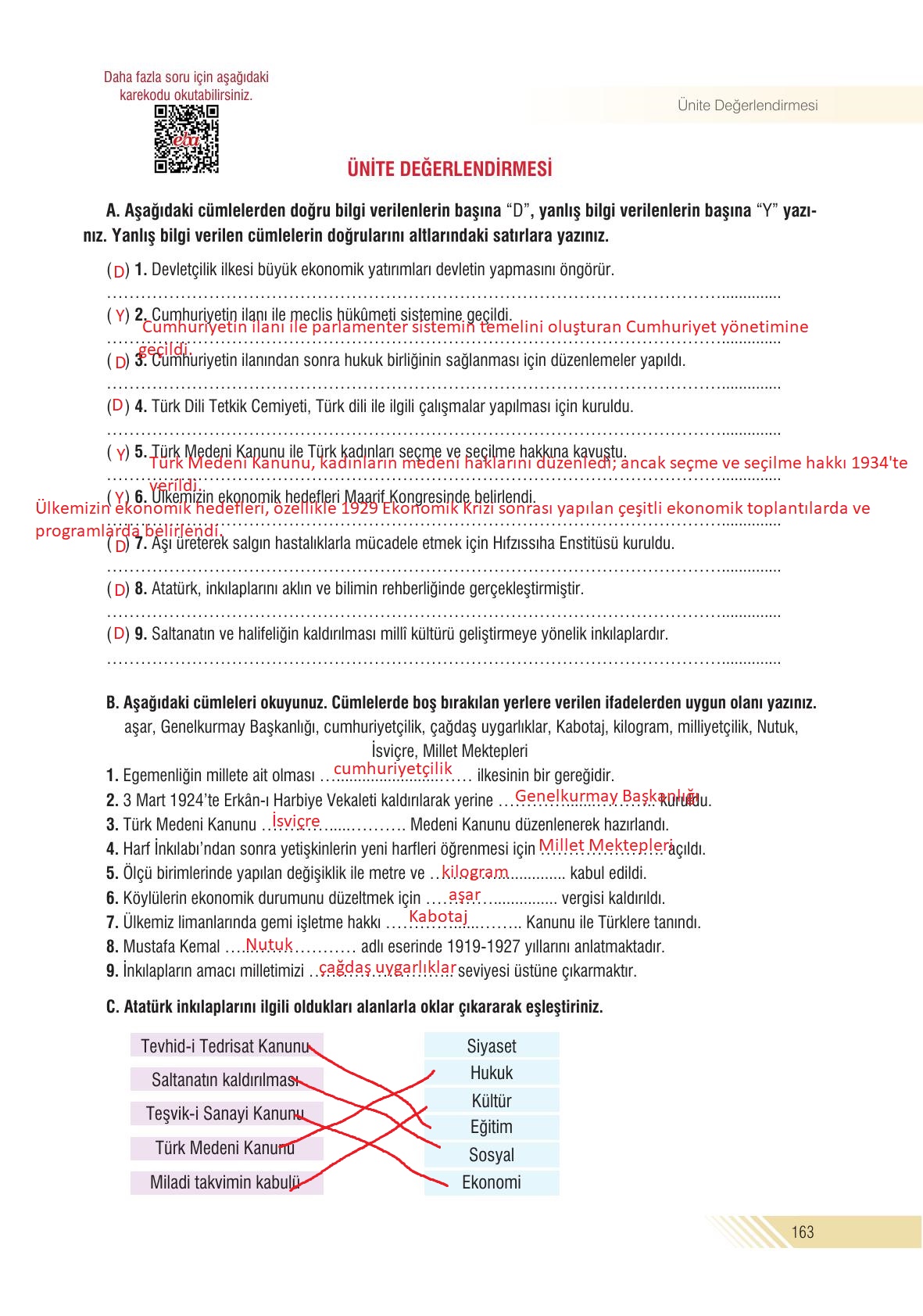 8. Sınıf Semih Ofset Sek Yayınları İnkılap Tarihi Ve Atatürkçülük Ders Kitabı Sayfa 163 Cevapları