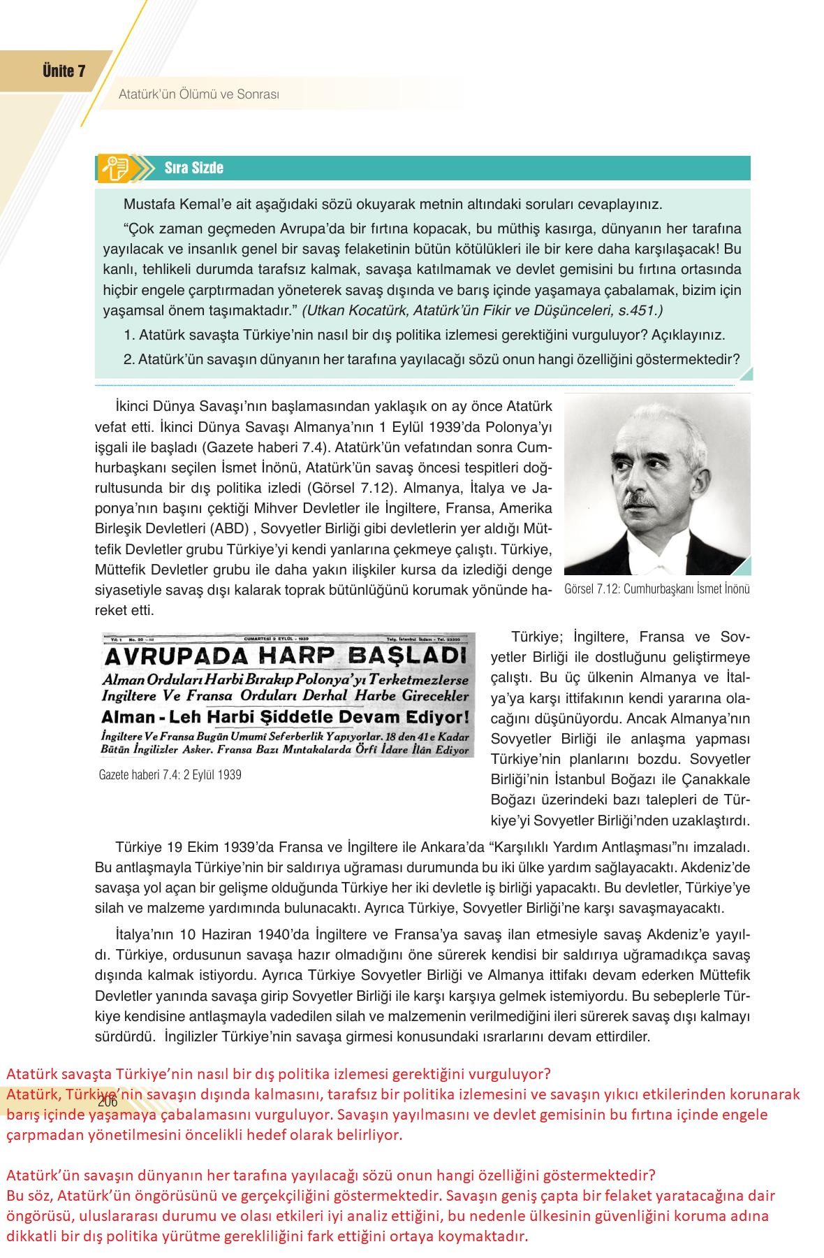 8. Sınıf Semih Ofset Sek Yayınları İnkılap Tarihi Ve Atatürkçülük Ders Kitabı Sayfa 206 Cevapları