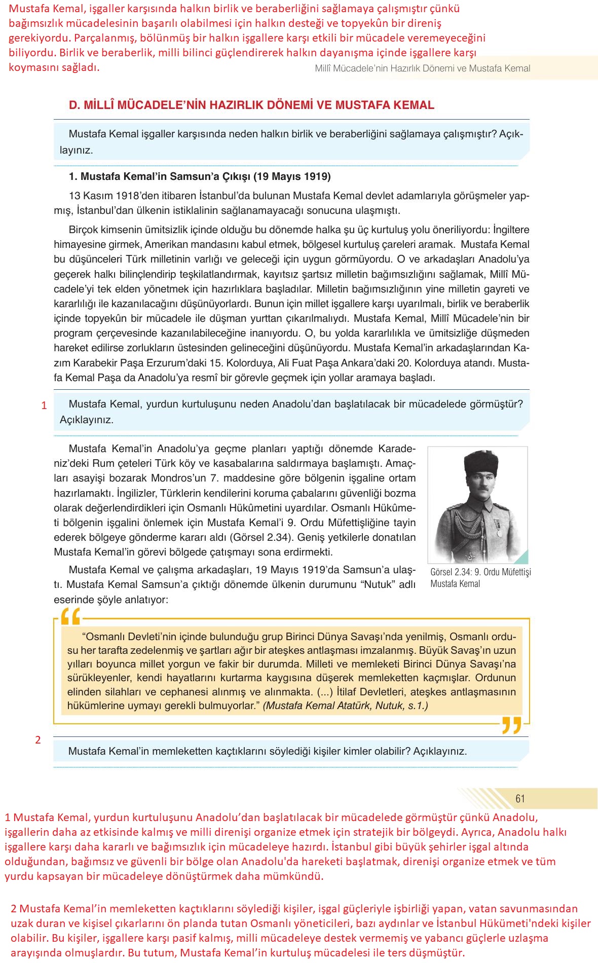 8. Sınıf Semih Ofset Sek Yayınları İnkılap Tarihi Ve Atatürkçülük Ders Kitabı Sayfa 61 Cevapları