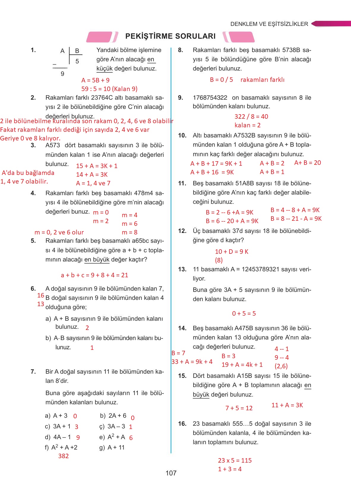 9. Sınıf Ata Yayınları Matematik Ders Kitabı Sayfa 107 Cevapları 9. Sınıf Ata Yayınları Matematik Ders Kitabı Sayfa 107 Cevapları