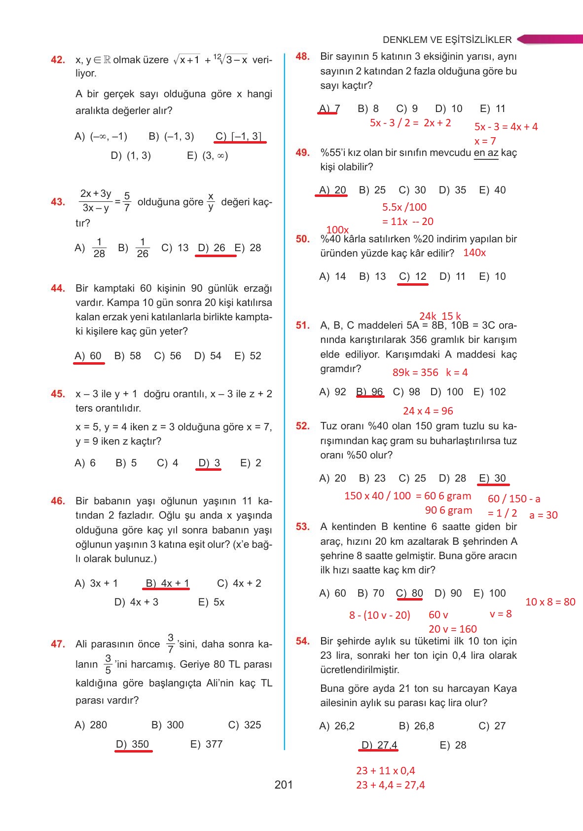 9. Sınıf Ata Yayınları Matematik Ders Kitabı Sayfa 201 Cevapları