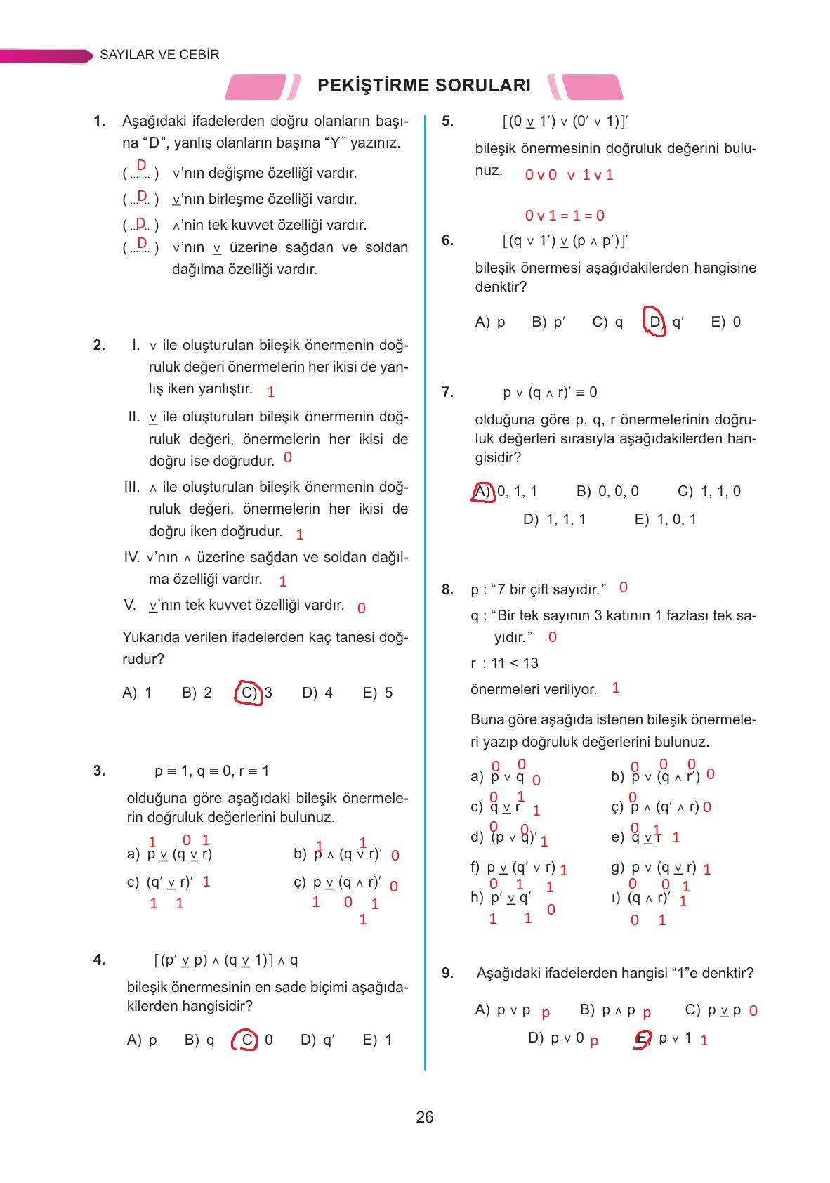 9. Sınıf Ata Yayınları Matematik Ders Kitabı Sayfa 26 Cevapları