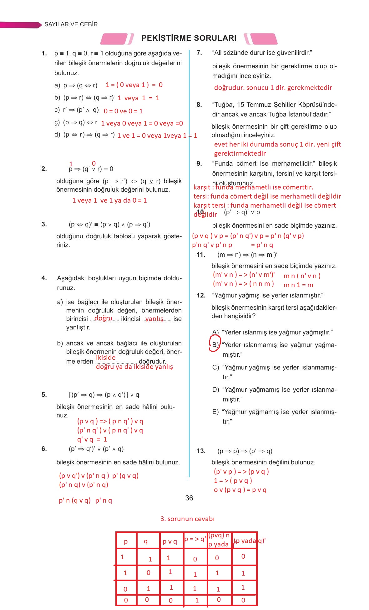 9. Sınıf Ata Yayınları Matematik Ders Kitabı Sayfa 36 Cevapları