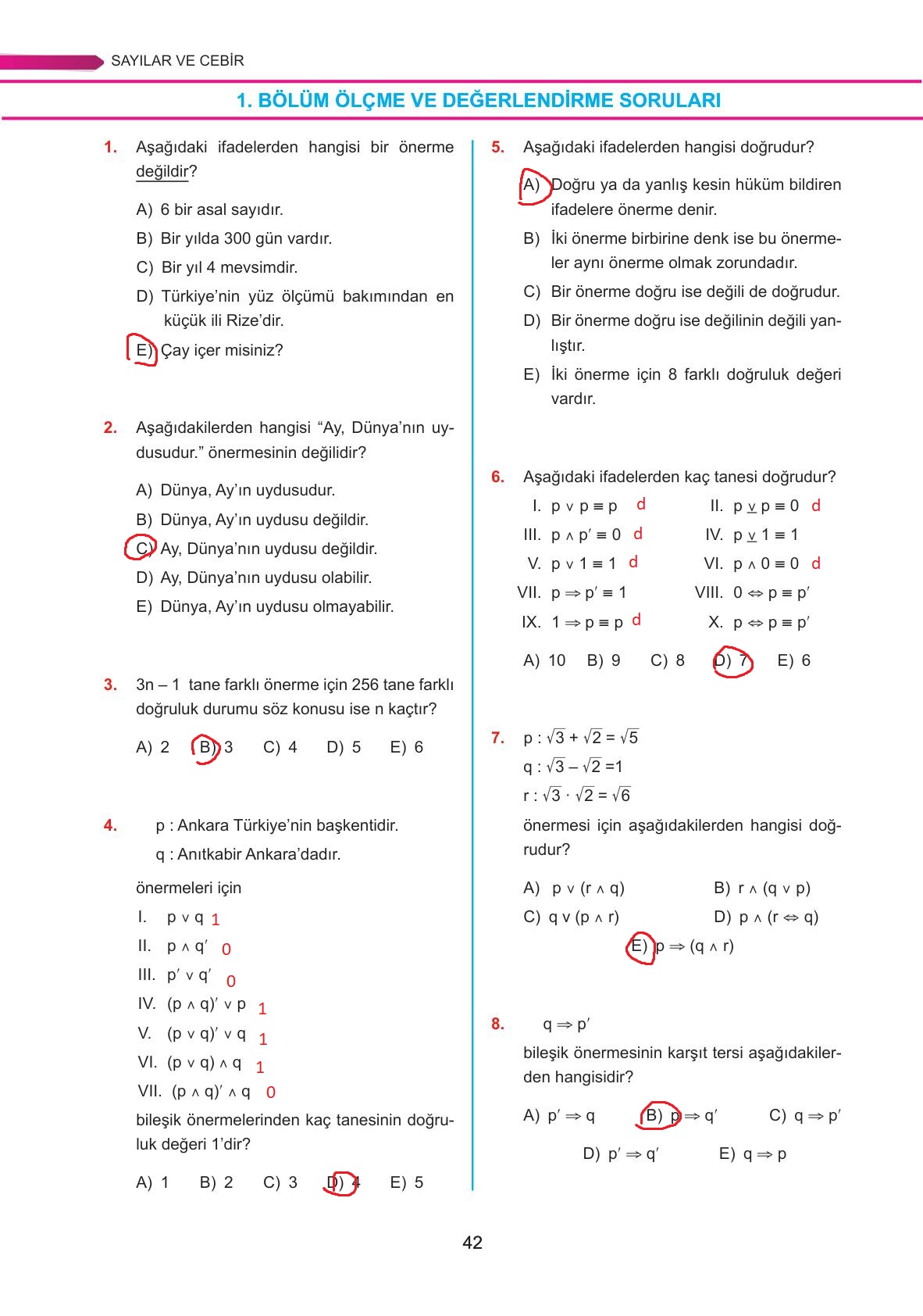 9. Sınıf Ata Yayınları Matematik Ders Kitabı Sayfa 42 Cevapları