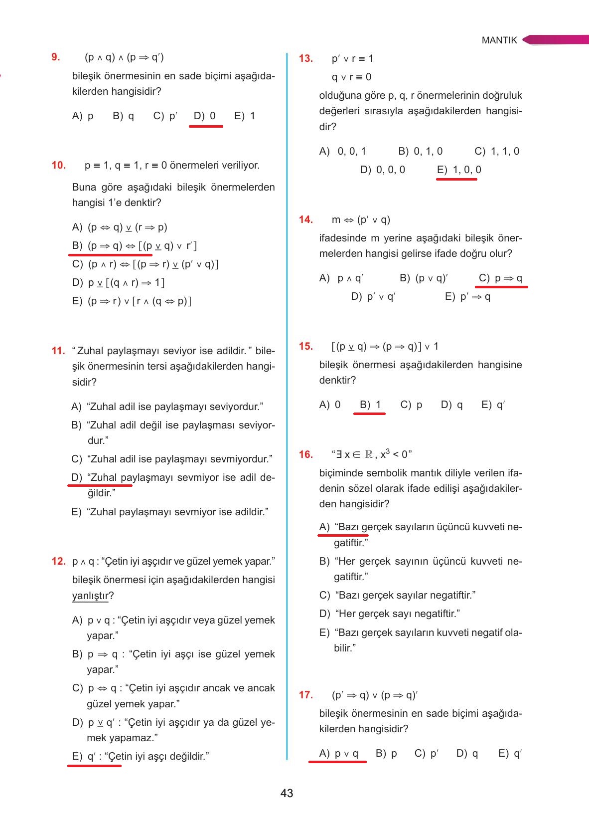 9. Sınıf Ata Yayınları Matematik Ders Kitabı Sayfa 43 Cevapları