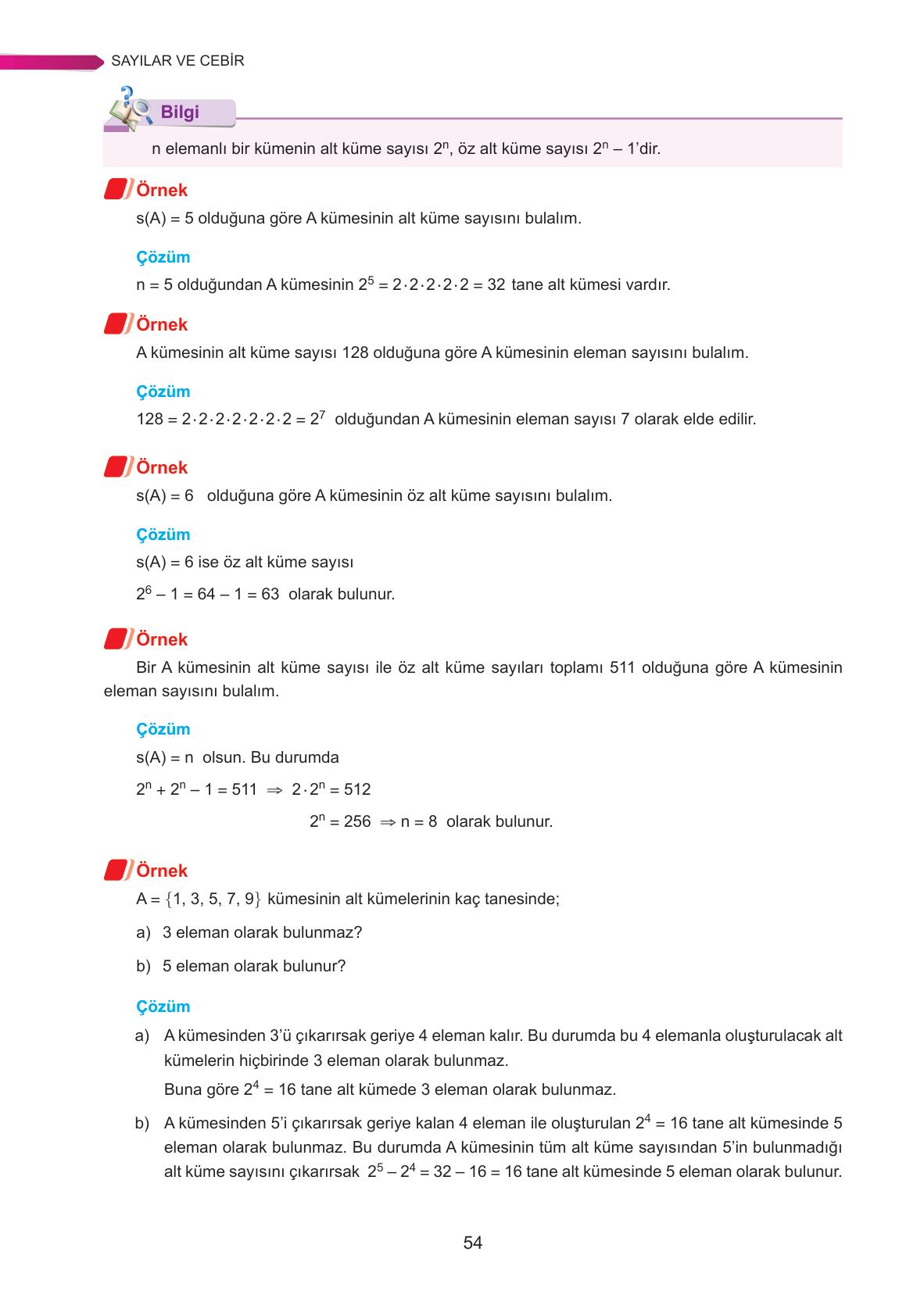 9. Sınıf Ata Yayınları Matematik Ders Kitabı Sayfa 54 Cevapları