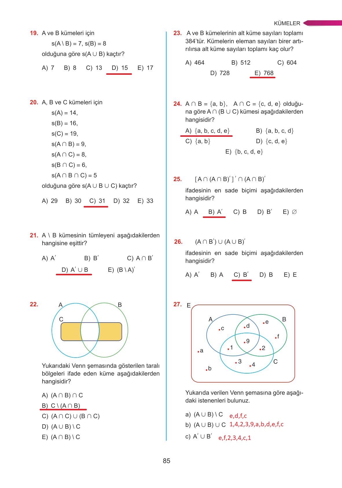 9. Sınıf Ata Yayınları Matematik Ders Kitabı Sayfa 85 Cevapları