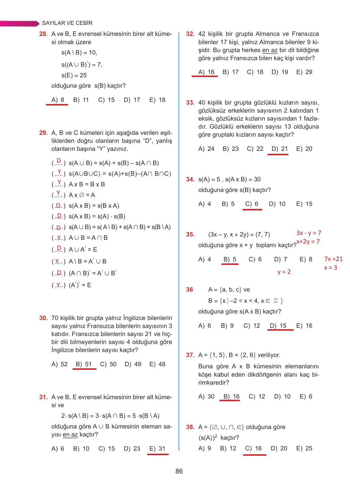 9. Sınıf Ata Yayınları Matematik Ders Kitabı Sayfa 86 Cevapları