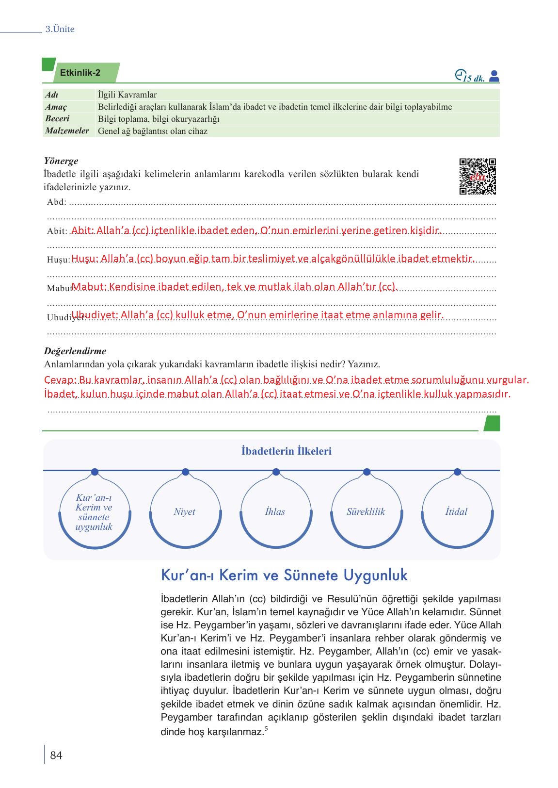 9. Sınıf Meb Yayınları Din Kültürü Ve Ahlak Bilgisi Ders Kitabı Sayfa 84 Cevapları