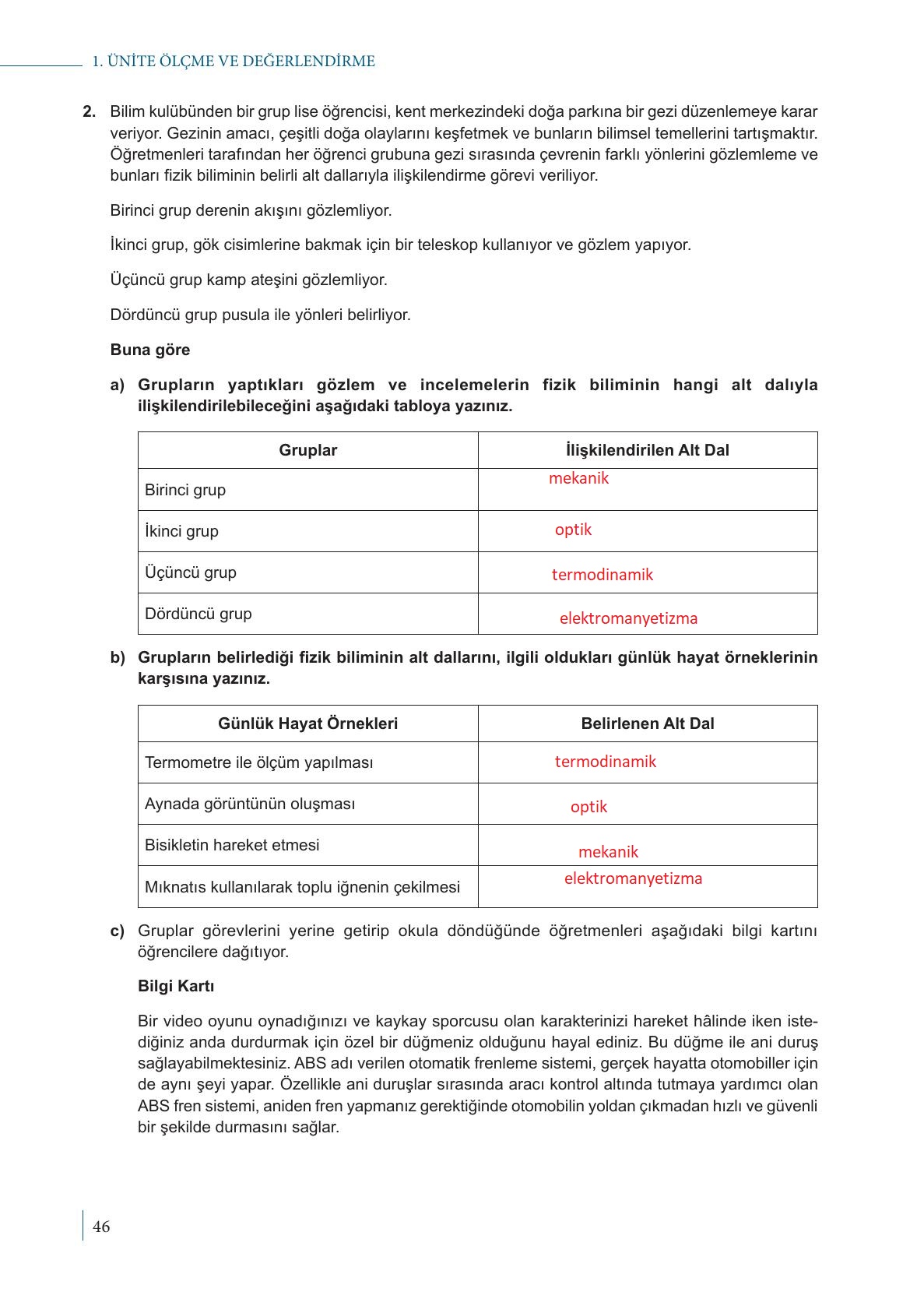 9. Sınıf Meb Yayınları Fizik Ders Kitabı Sayfa 46 Cevapları