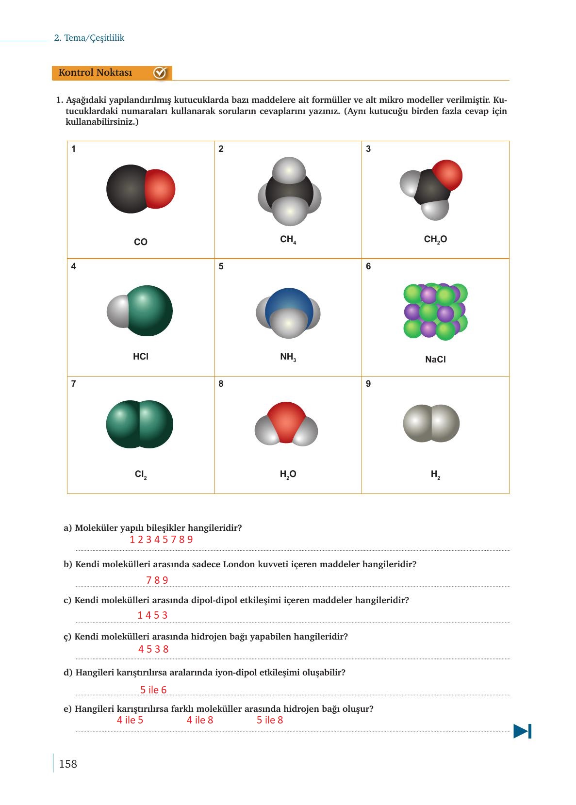 9. Sınıf Meb Yayınları Kimya Ders Kitabı Sayfa 158 Cevapları