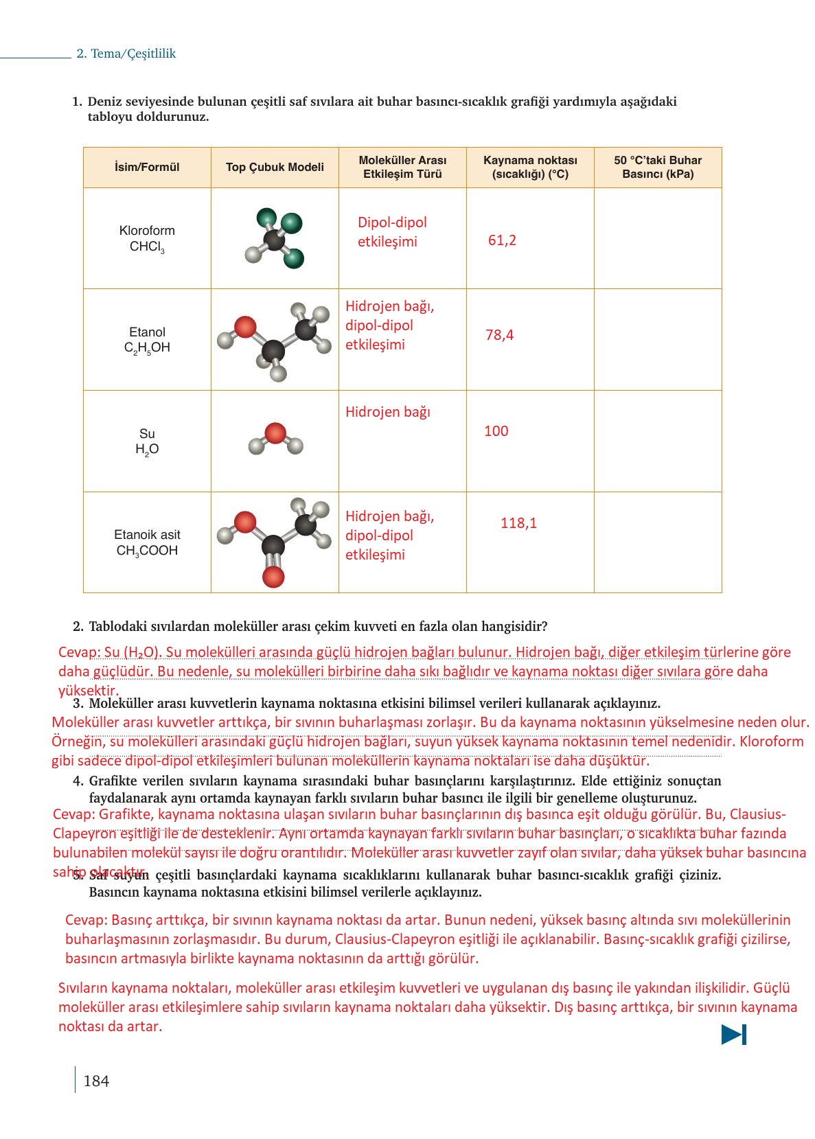 9. Sınıf Meb Yayınları Kimya Ders Kitabı Sayfa 184 Cevapları