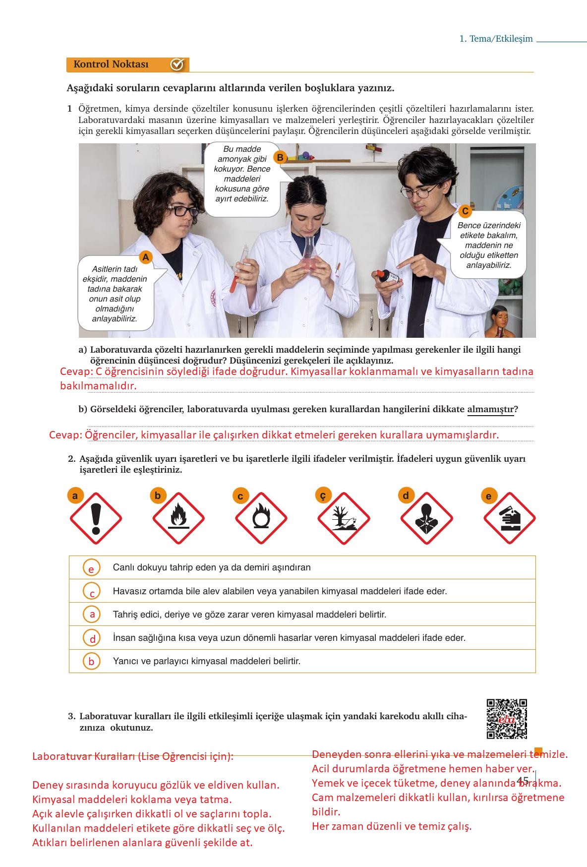 9. Sınıf Meb Yayınları Kimya Ders Kitabı Sayfa 45 Cevapları