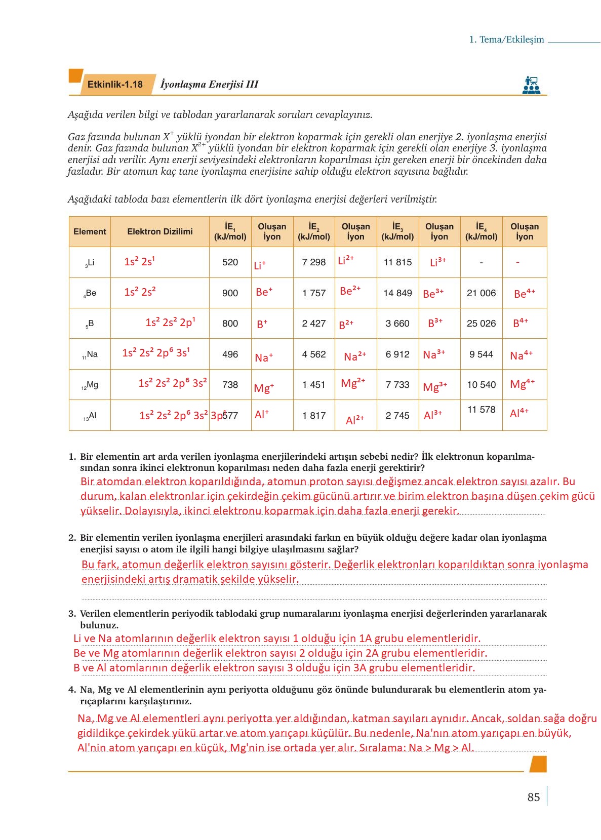 9. Sınıf Meb Yayınları Kimya Ders Kitabı Sayfa 85 Cevapları