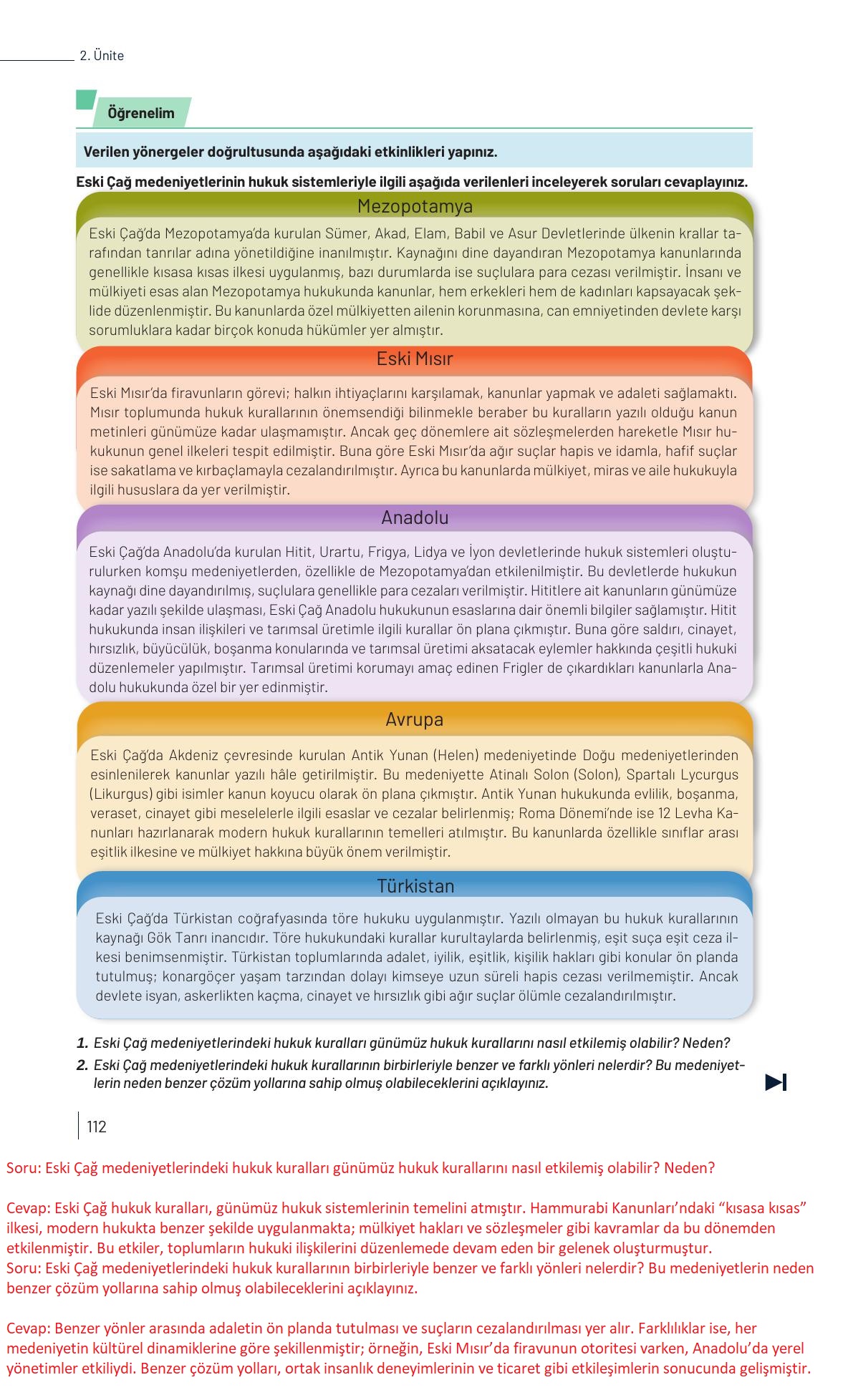 9. Sınıf Meb Yayınları Tarih Ders Kitabı Sayfa 112 Cevapları