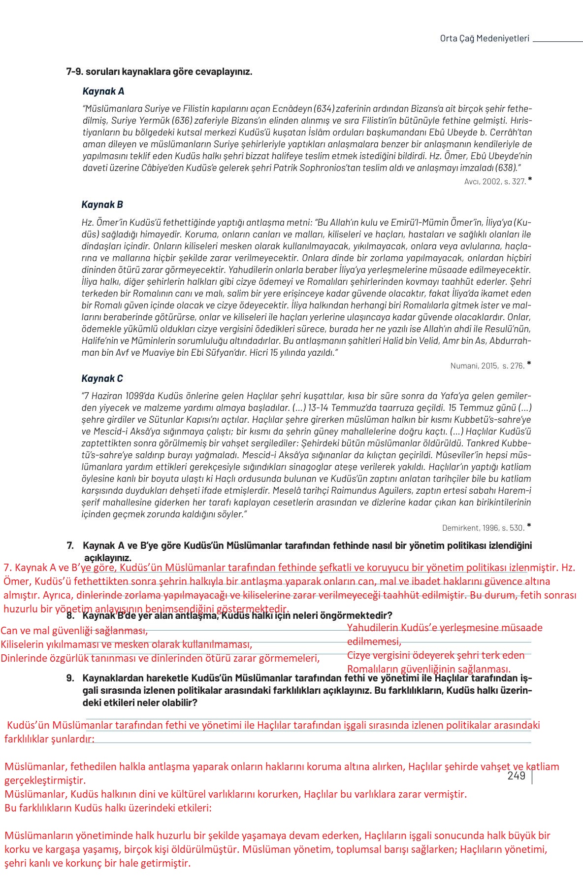 9. Sınıf Meb Yayınları Tarih Ders Kitabı Sayfa 249 Cevapları