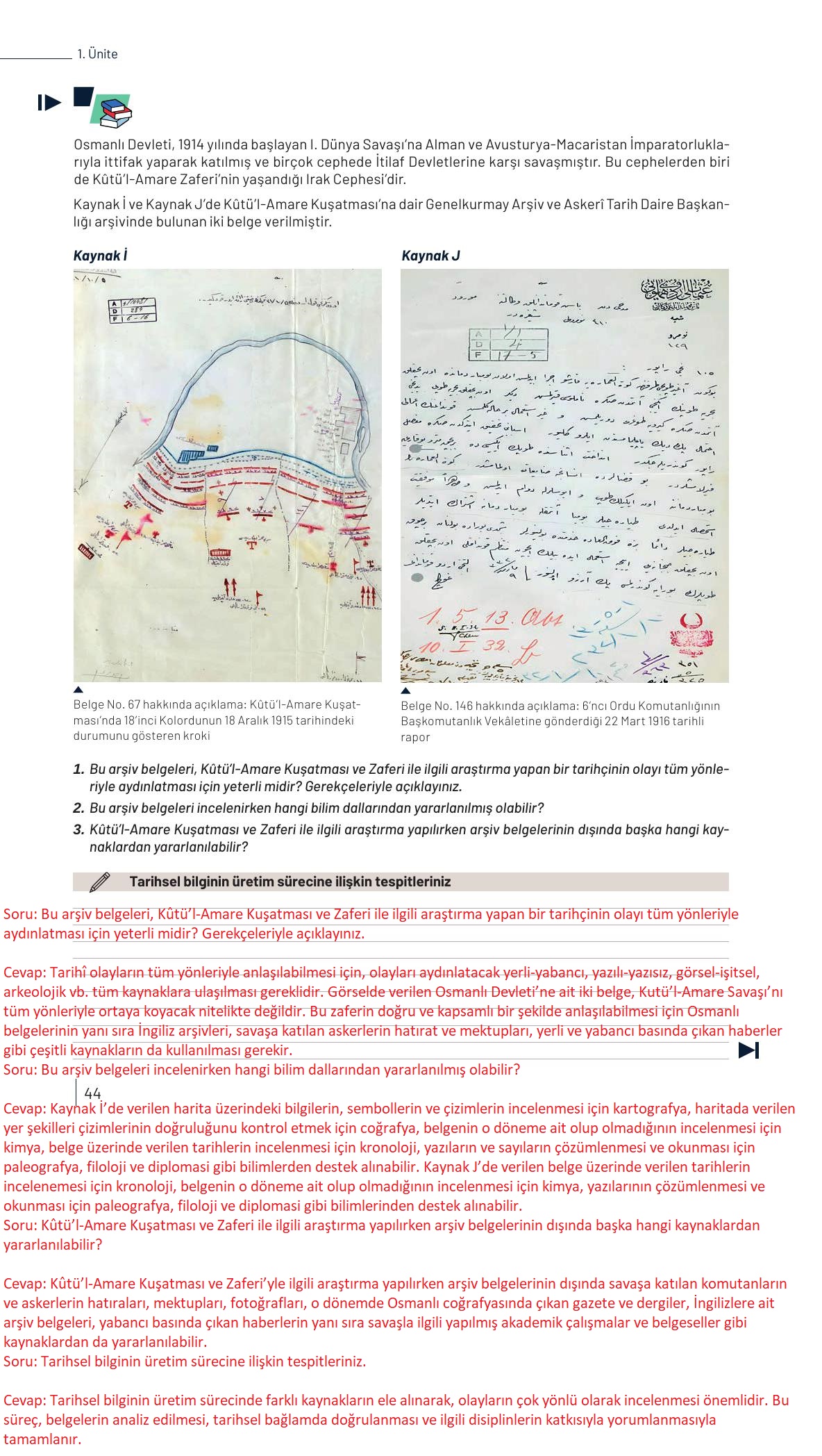 9. Sınıf Meb Yayınları Tarih Ders Kitabı Sayfa 44 Cevapları