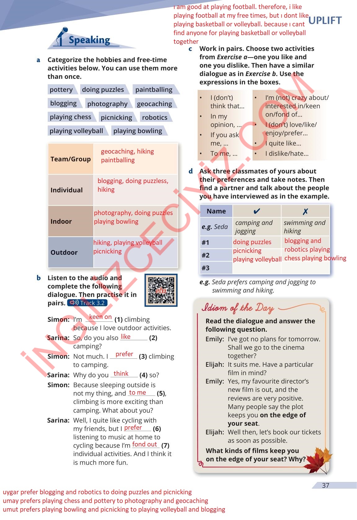 9. Sınıf Meb Yayınları Uplift İngilizce Ders Kitabı Sayfa 37 Cevapları