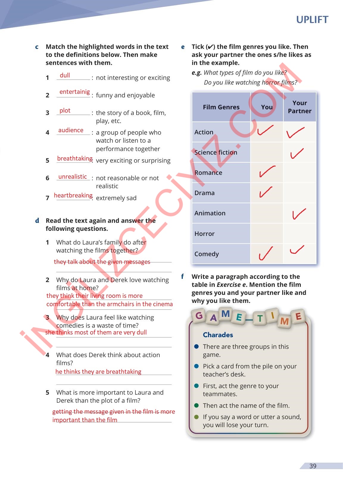 9. Sınıf Meb Yayınları Uplift İngilizce Ders Kitabı Sayfa 39 Cevapları