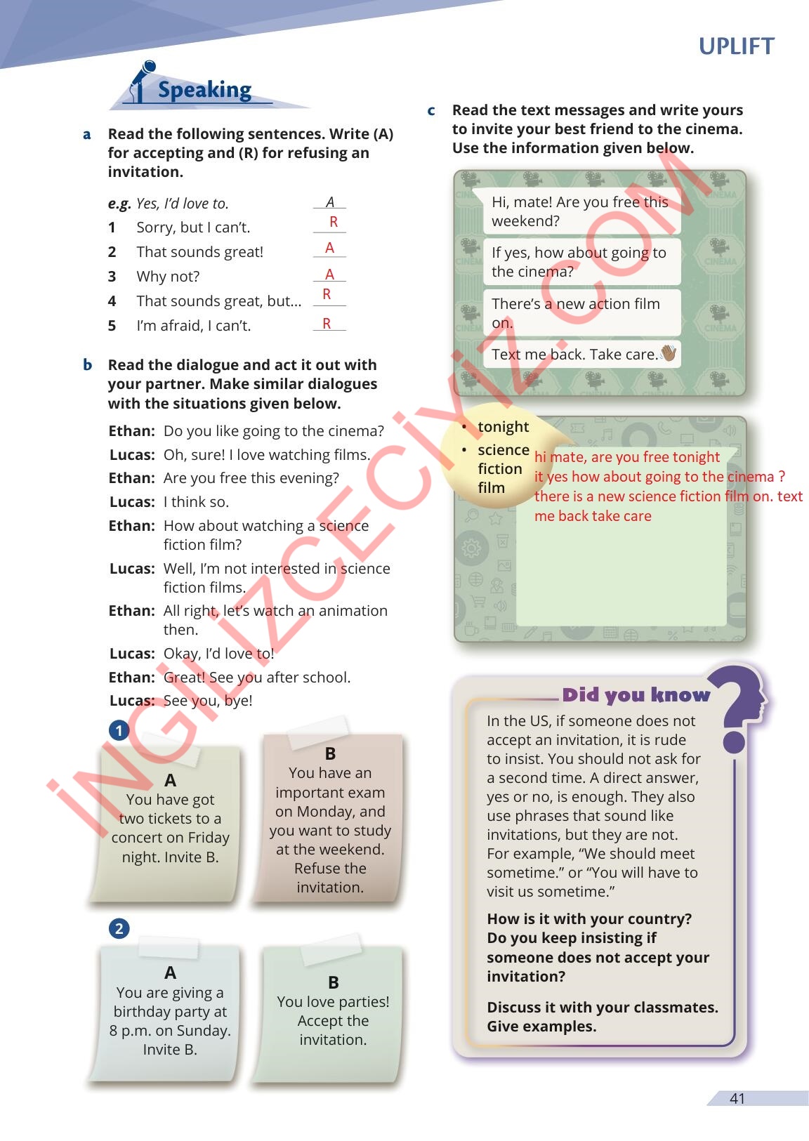 9. Sınıf Meb Yayınları Uplift İngilizce Ders Kitabı Sayfa 41 Cevapları
