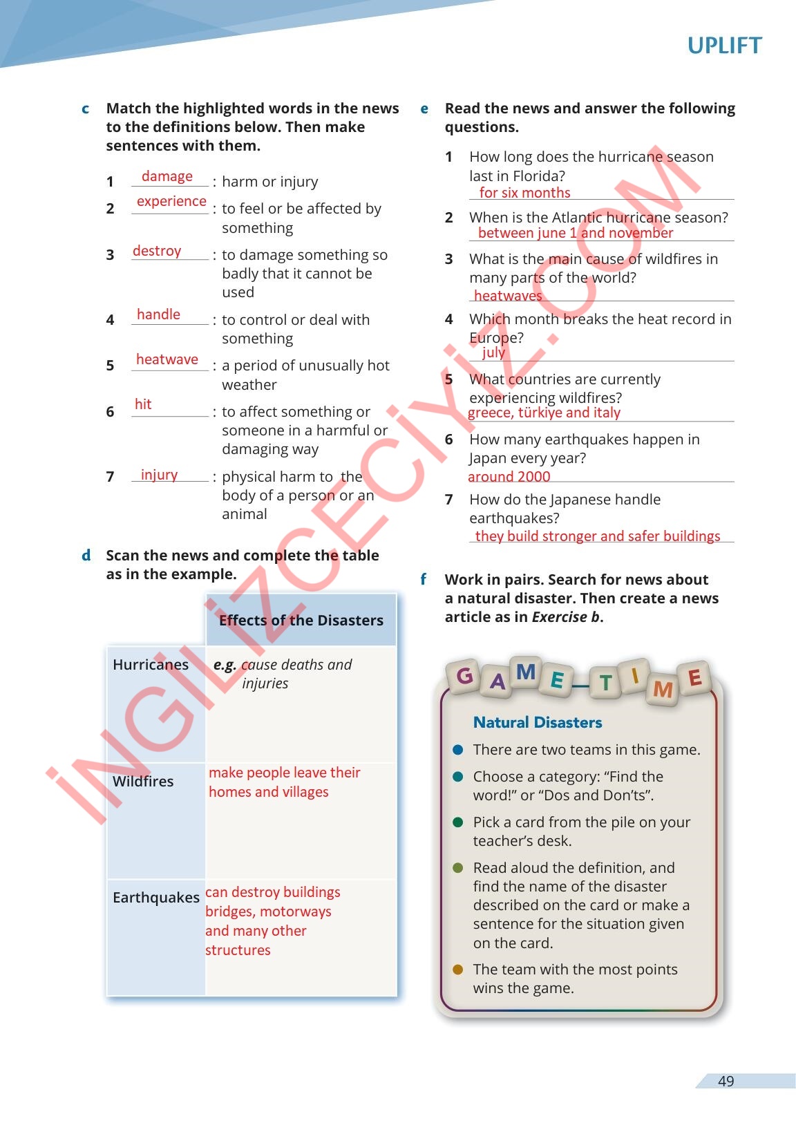 9. Sınıf Meb Yayınları Uplift İngilizce Ders Kitabı Sayfa 49 Cevapları