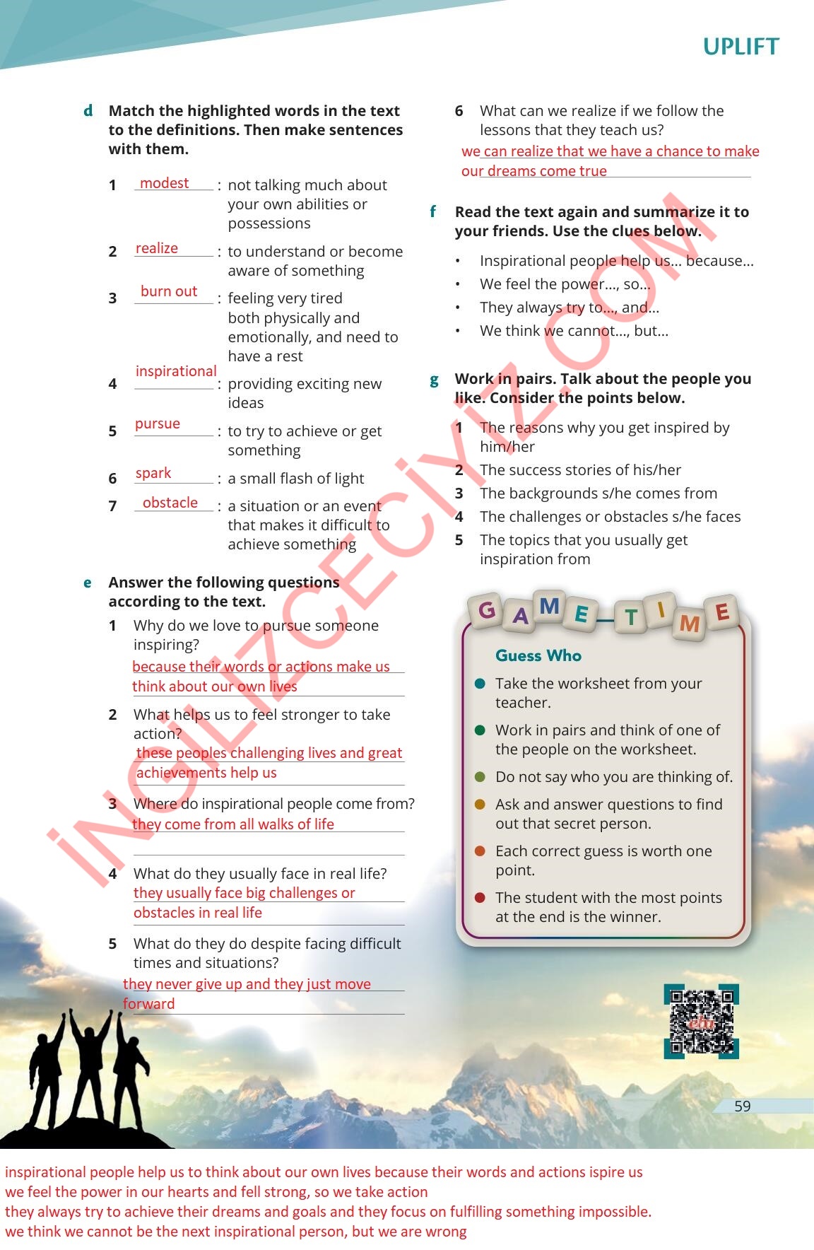 9. Sınıf Meb Yayınları Uplift İngilizce Ders Kitabı Sayfa 59 Cevapları