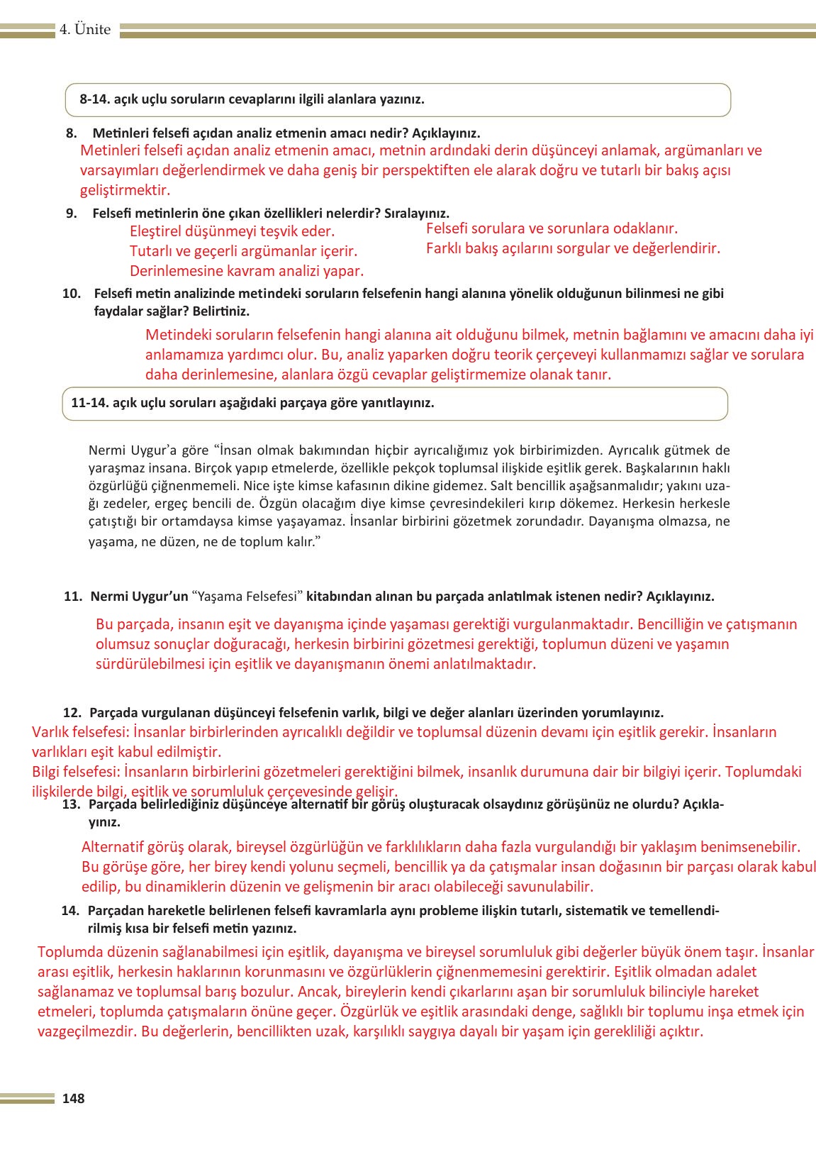 10. Sınıf Meb Yayınları Felsefe Ders Kitabı Sayfa 148 Cevapları