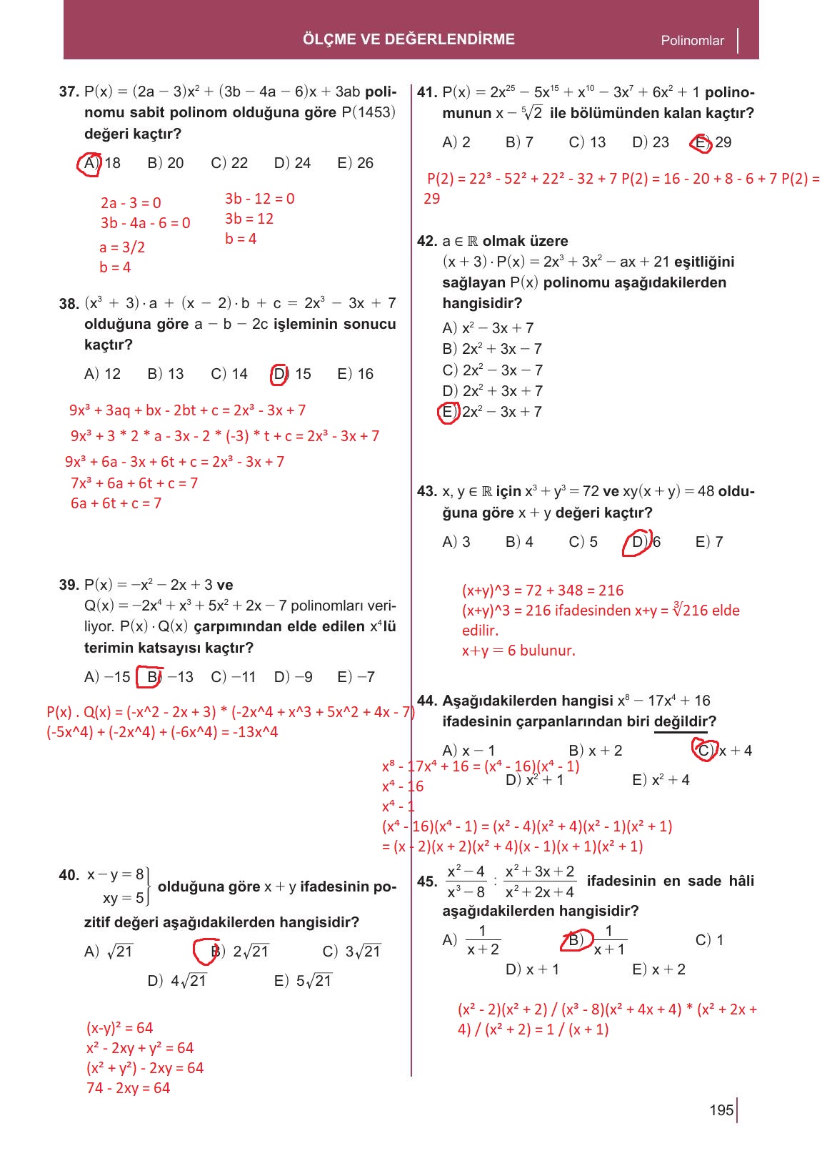 10. Sınıf Meb Yayınları Matematik Ders Kitabı Sayfa 195 Cevapları