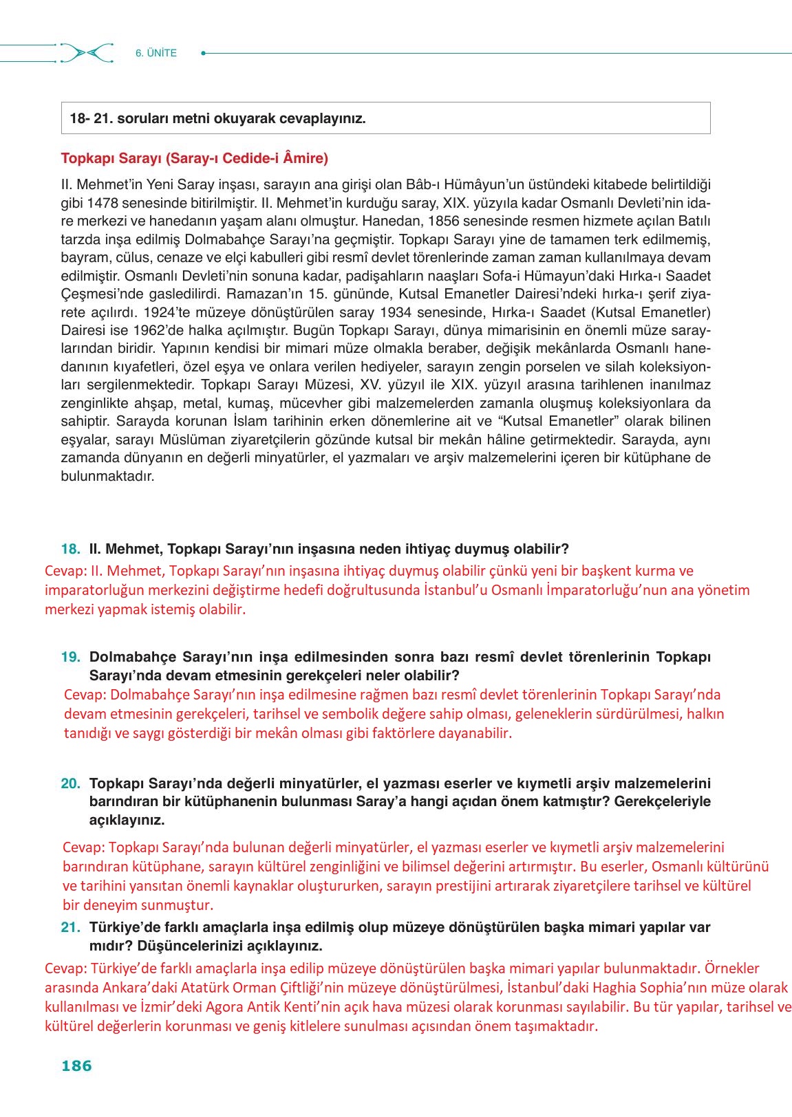 10. Sınıf Meb Yayınları Tarih Ders Kitabı Sayfa 186 Cevapları
