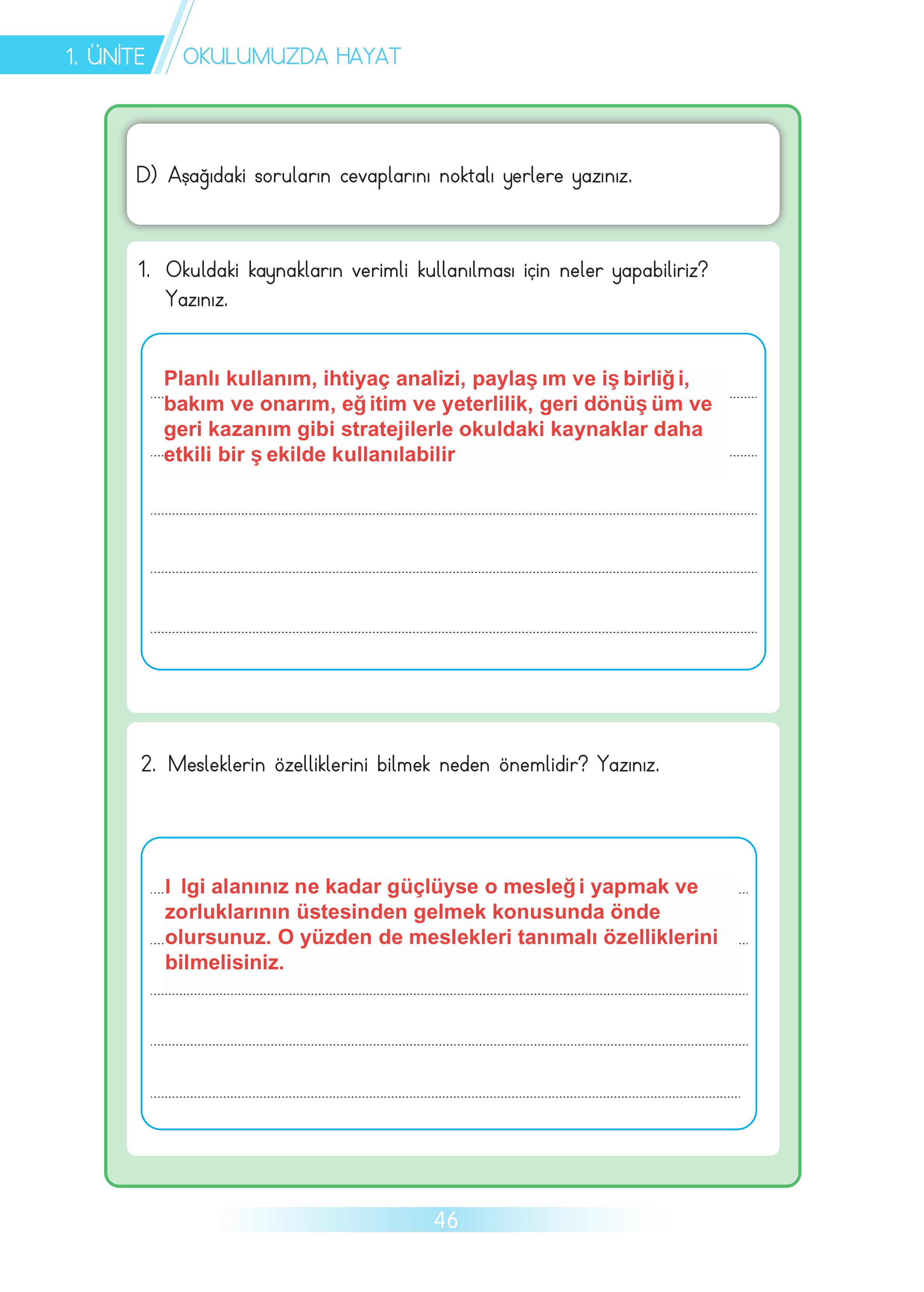 3. Sınıf Meb Yayınları Hayat Bilgisi Ders Kitabı Sayfa 46 Cevapları