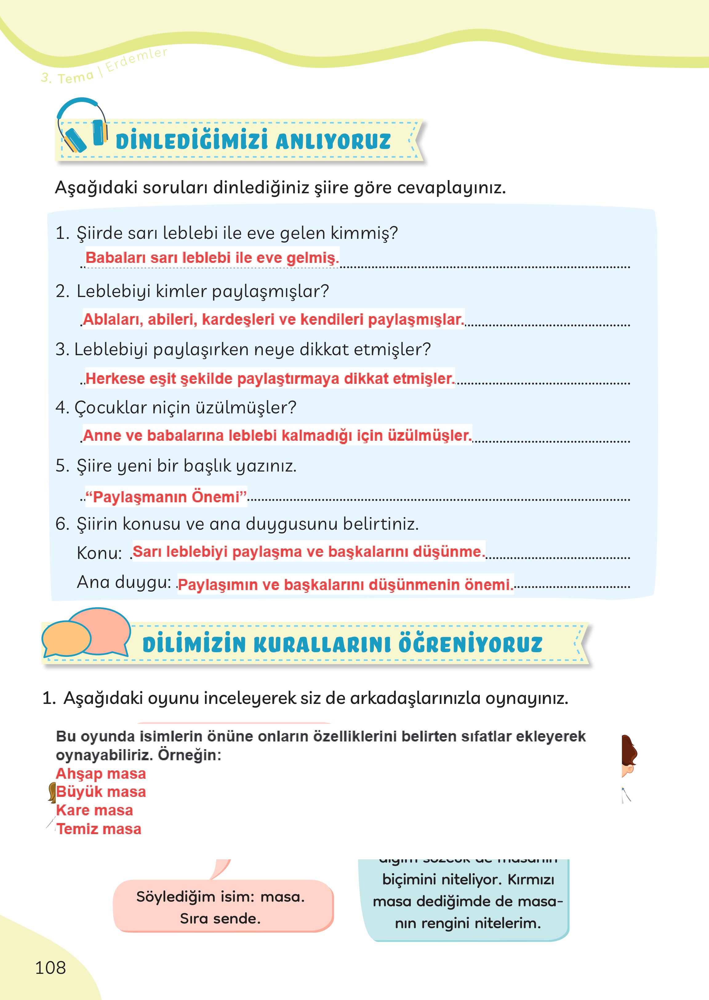 3. Sınıf Meb Yayınları Türkçe Ders Kitabı Sayfa 108 Cevapları
